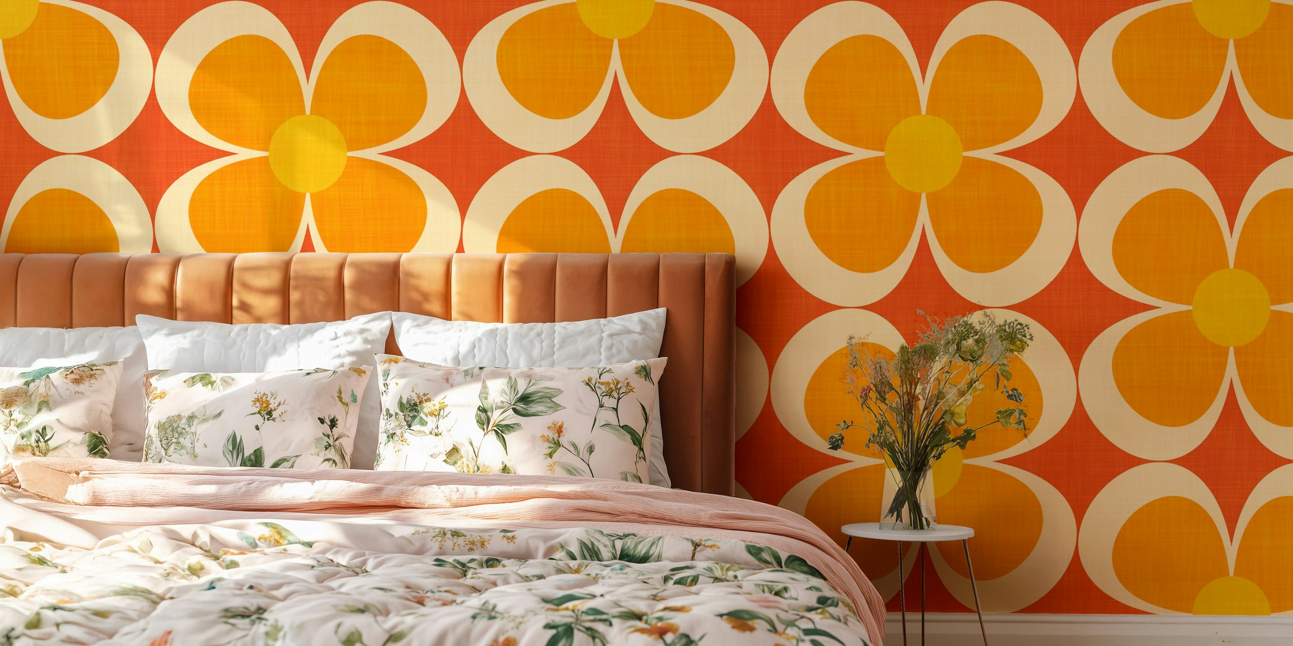 Retro-inspireret Groovy Geometric Floral vægmaleri i orange, gul og rød