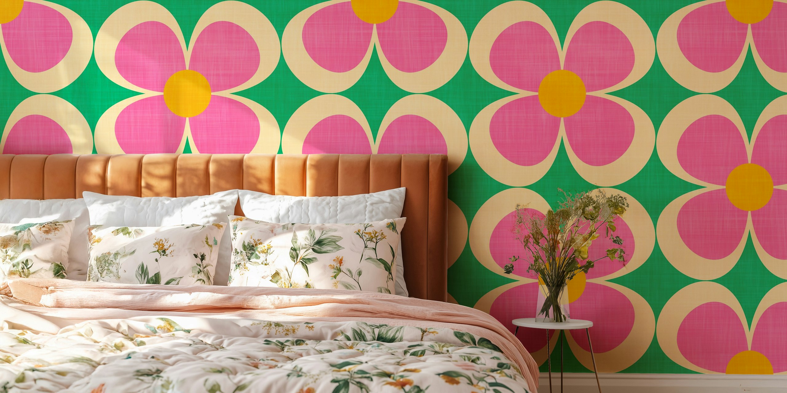 Geometrische Blumen-Tapete im Retro-Stil in Rosa und Grün