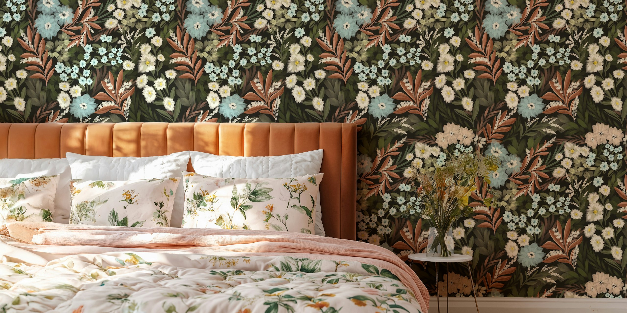 Forest floral and fauna wallpaper displayed in a room