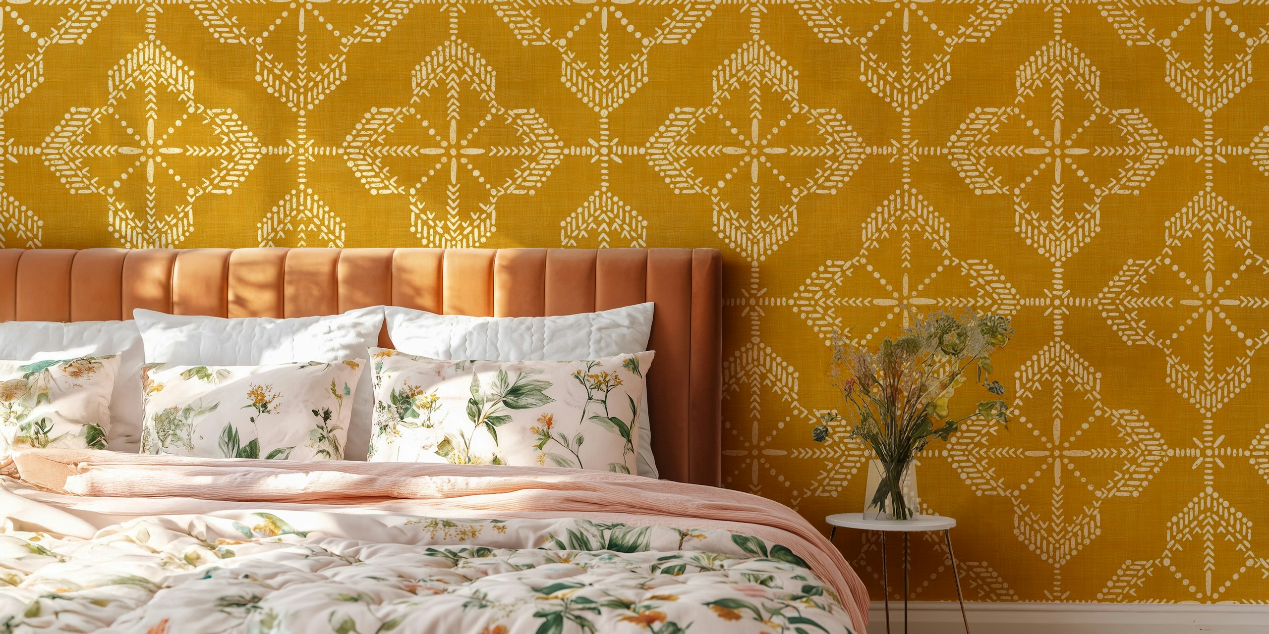 Mustard yellow boho tiles wallpaper in a room