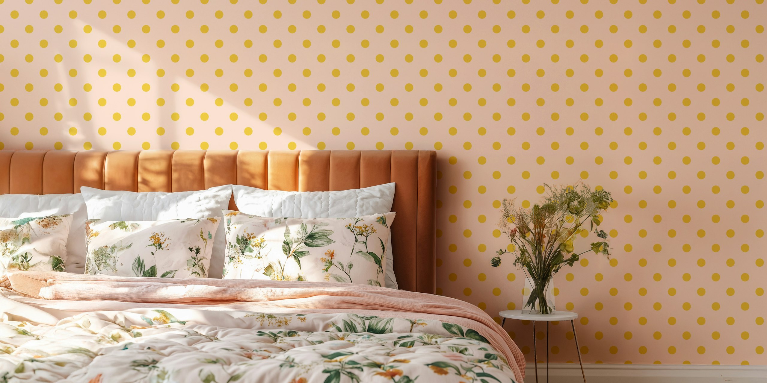 Pink wallpaper with gold polka dots en una habitación