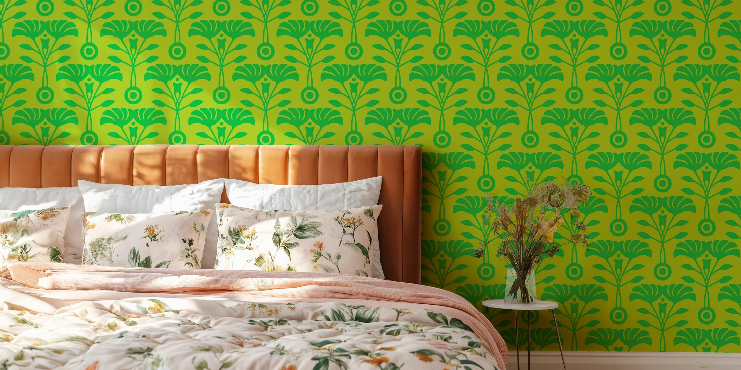 Papel pintado Retro Mid-Century Floral en verde lima