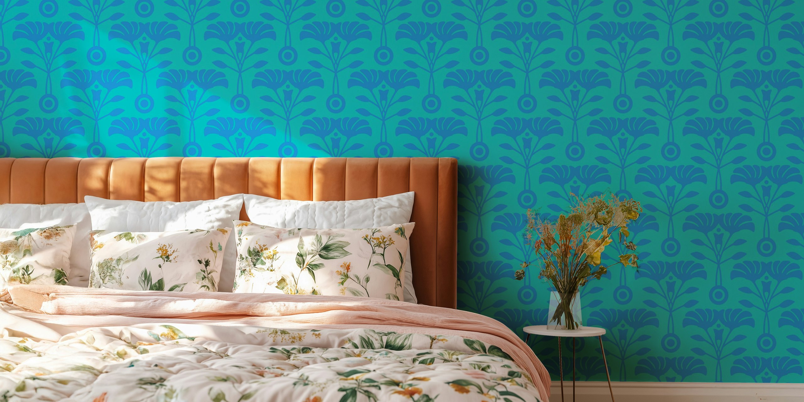 Aqua floral pattern design with retro style wallpaper