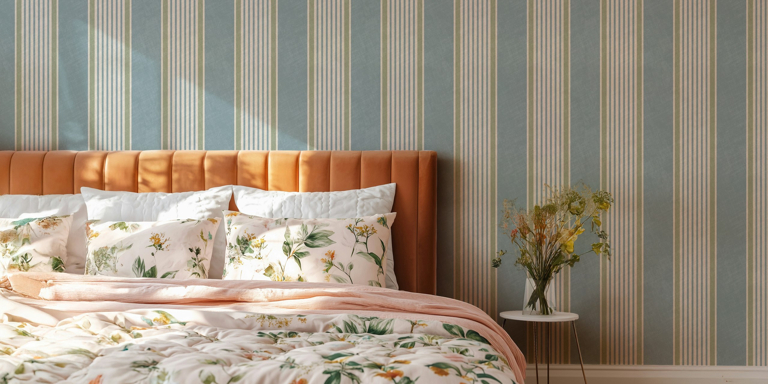 Antique stripes in slate blue and sage green wallpaper