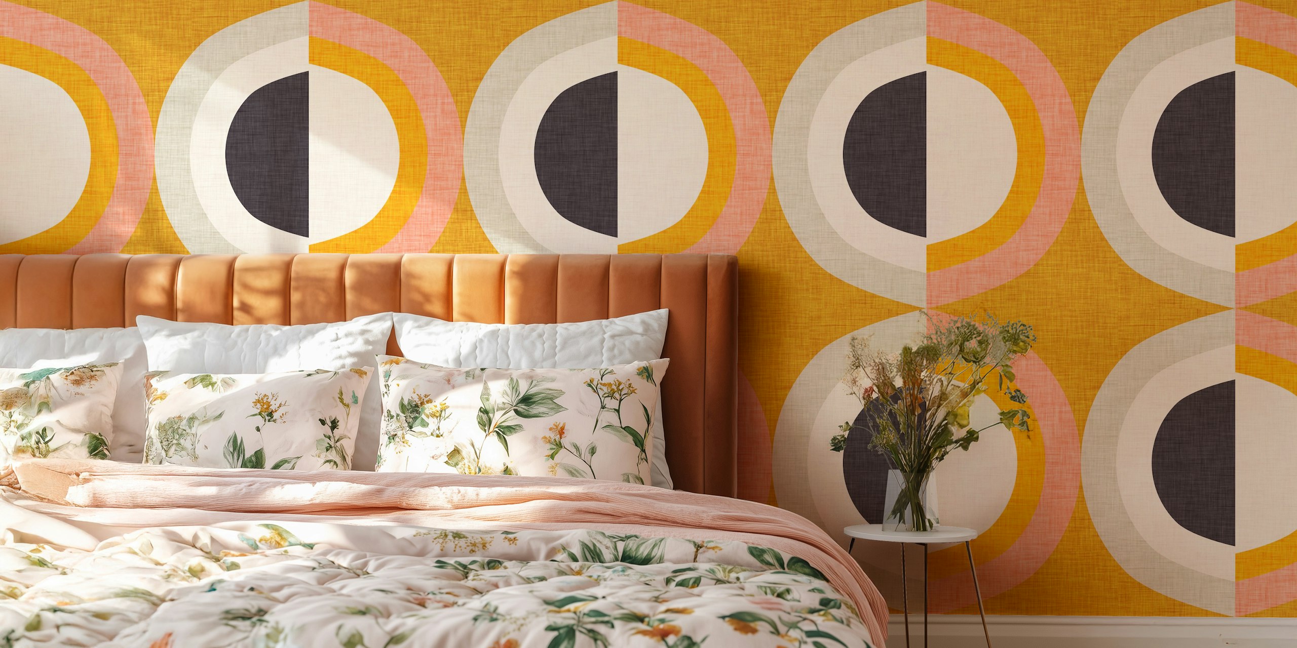 Mural de parede de estilo moderno de meados do século com formas geométricas em amarelo e carvão