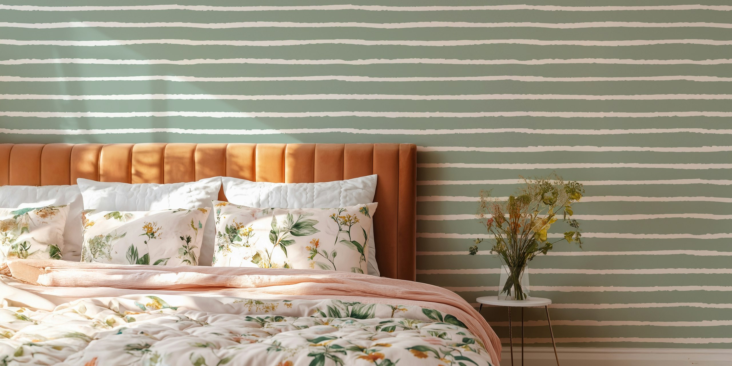 Papel pintado Sage green Abstract Stripes en una habitación