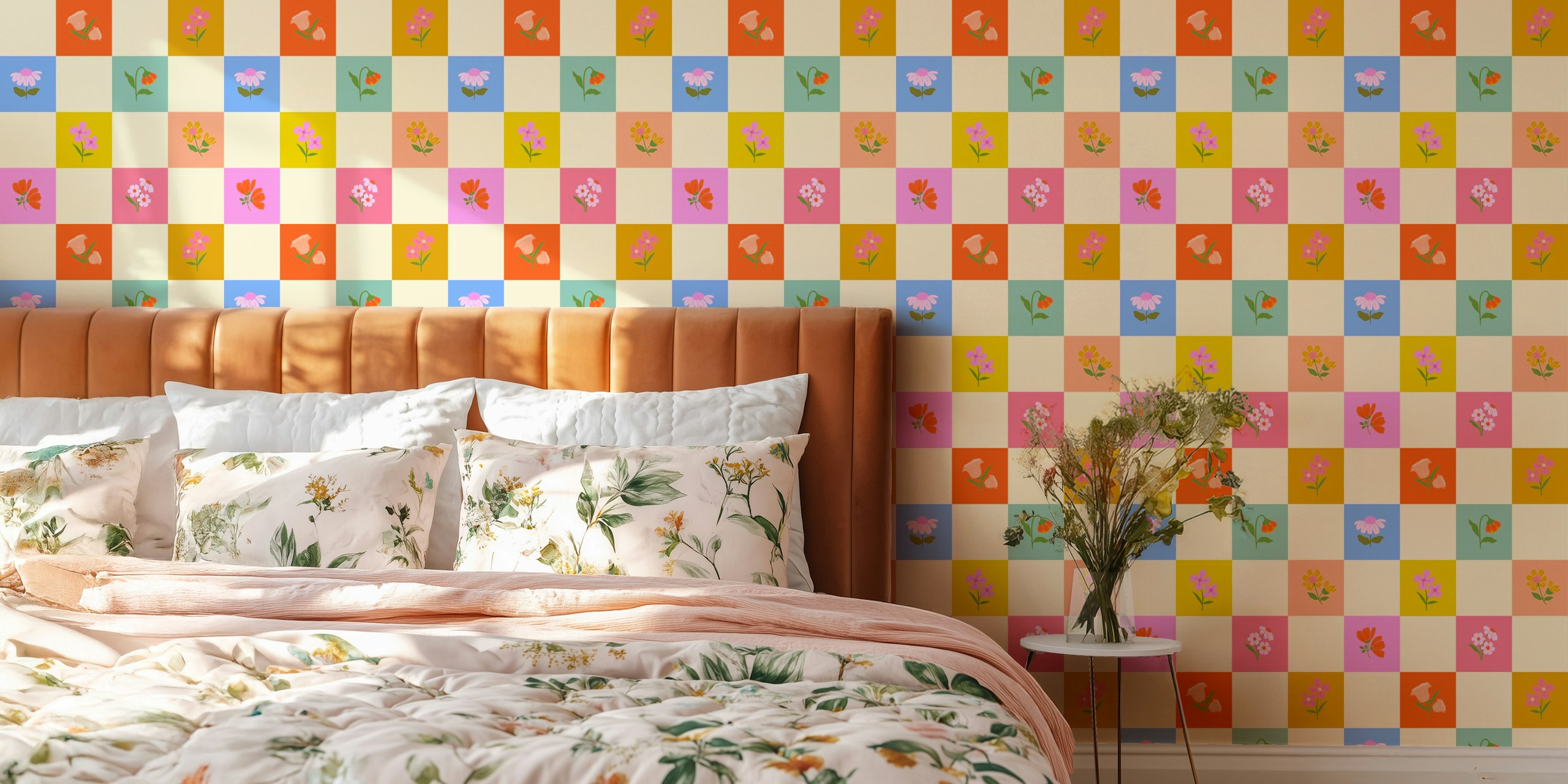 Checkered Floral Pattern tapetti huoneessa