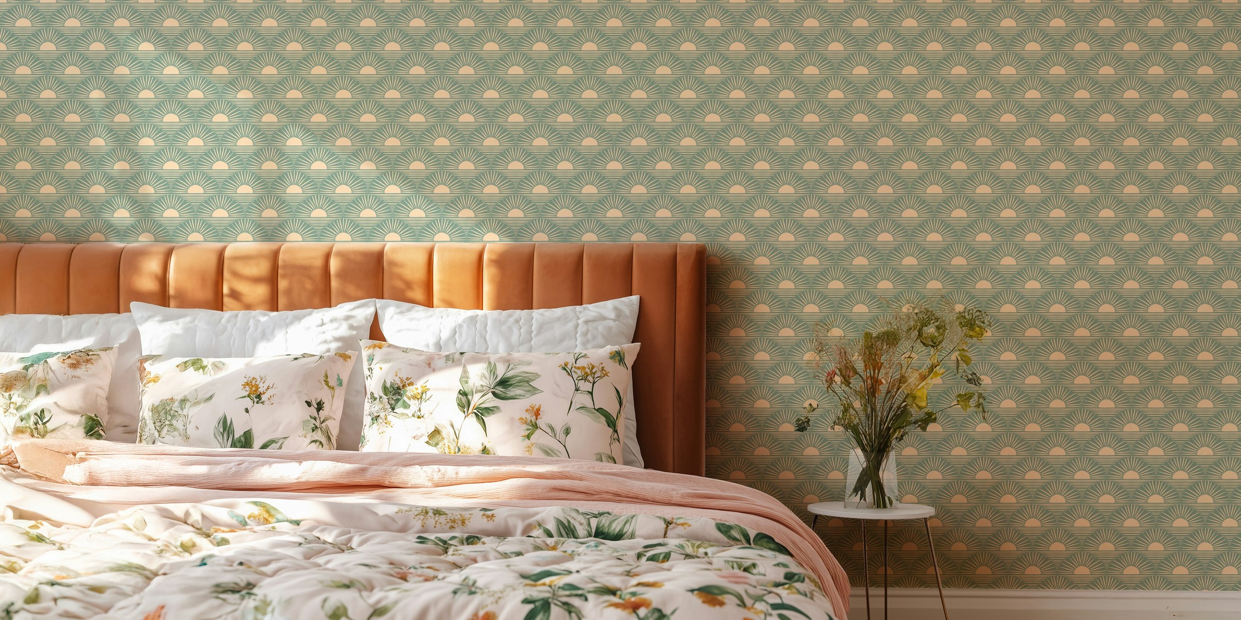 Mint sunrise pattern with fans and lines wallpaper