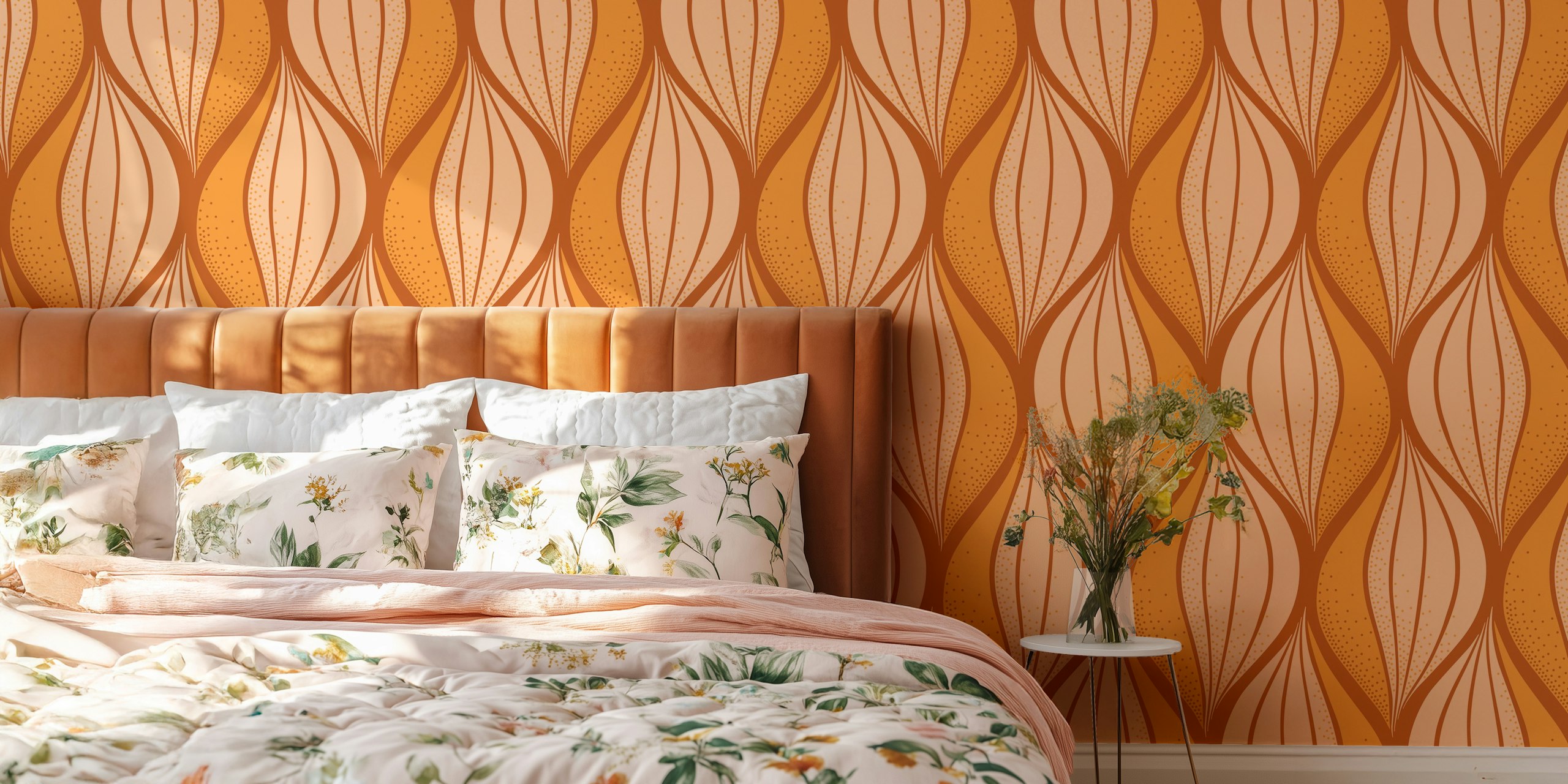 Flowing leaves design in warm brown and soft pink wallpaper