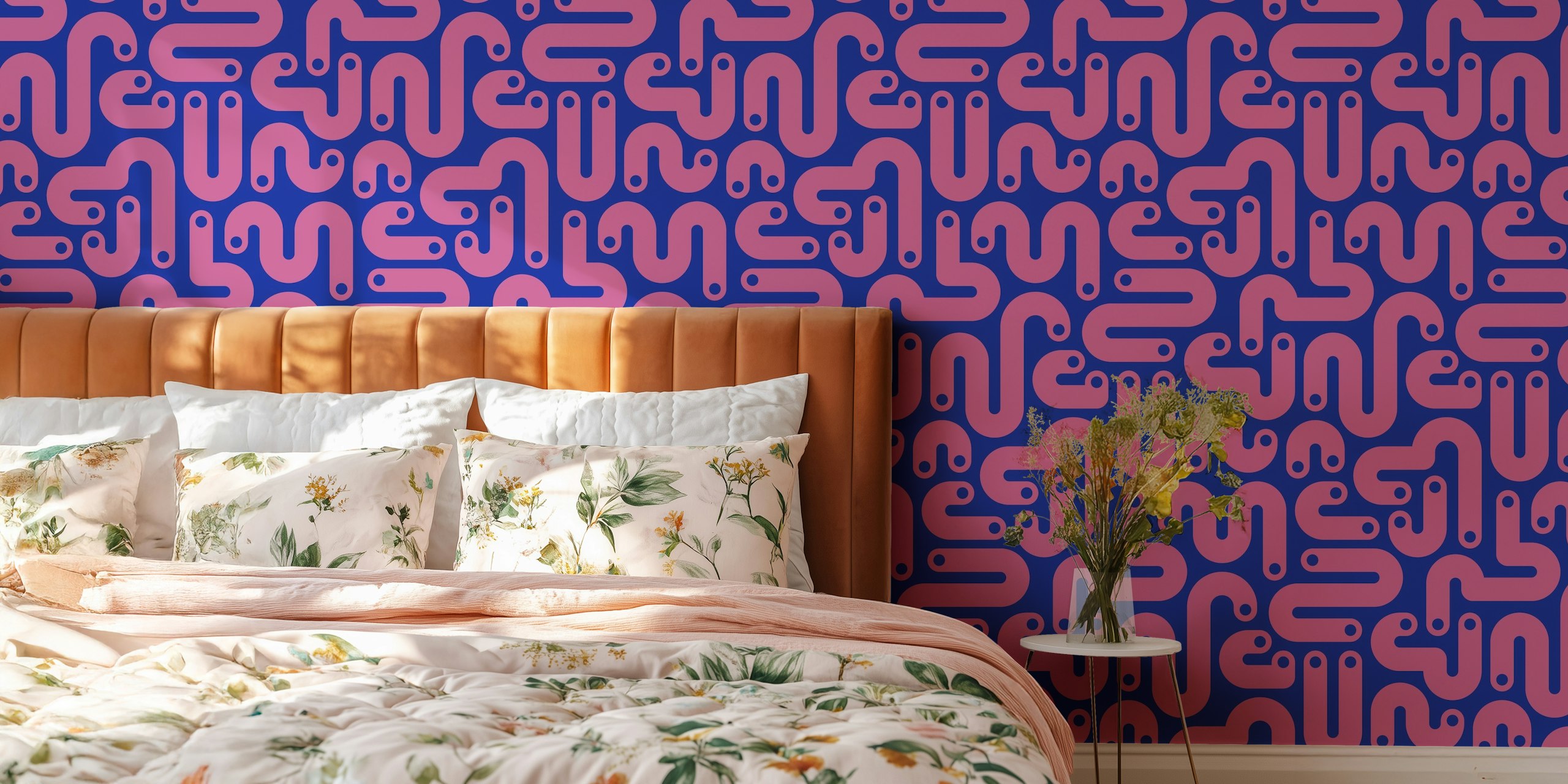 Curvy pink and blue abstract design wallpaper