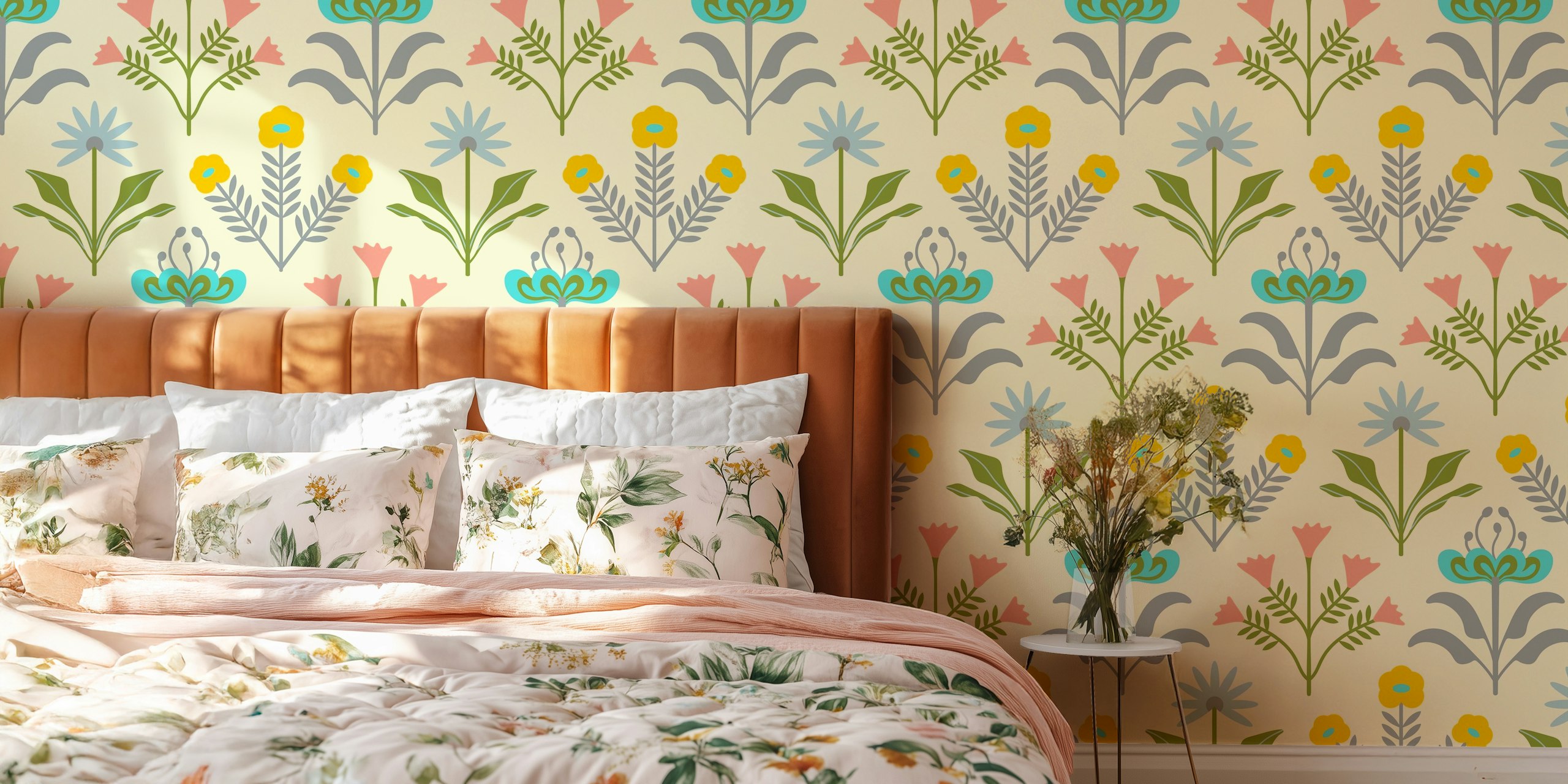 Retro Scandinavian-style floral patterned wall mural in cream with blue, yellow, and pink accents