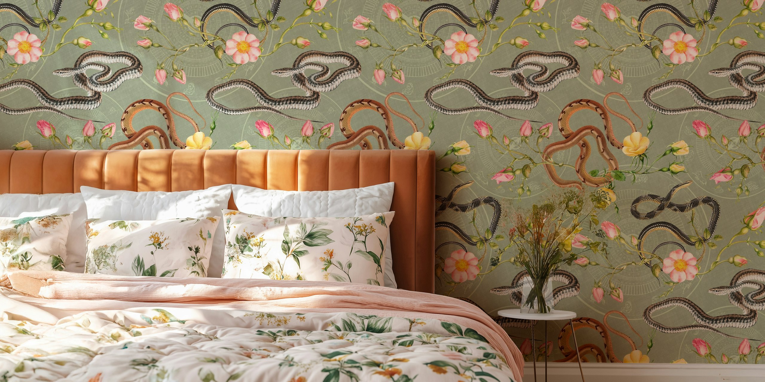Sage green wallpaper with snake and floral patterns featuring pink roses and yellow flowers