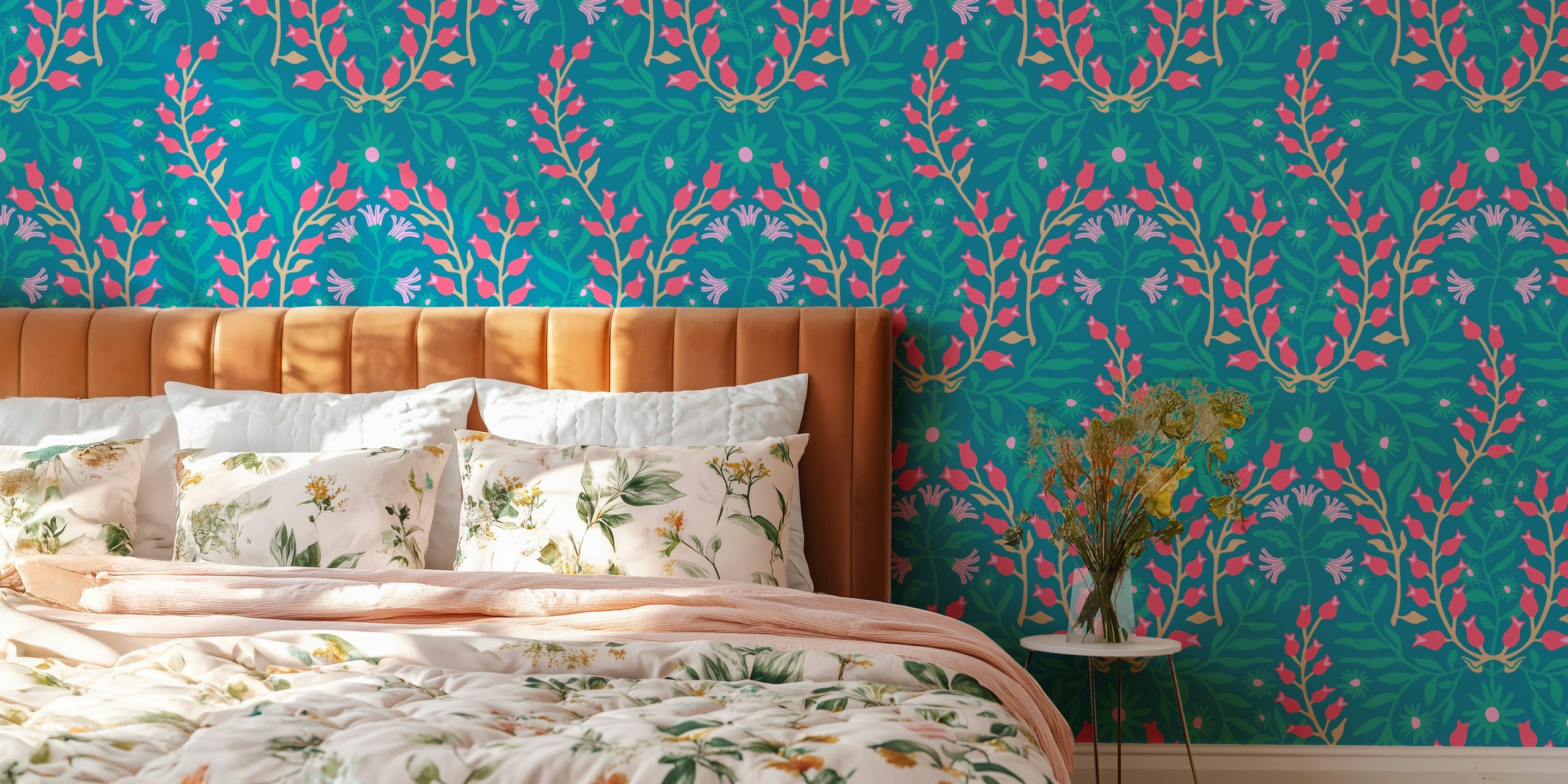 Blue floral wallpaper in a room
