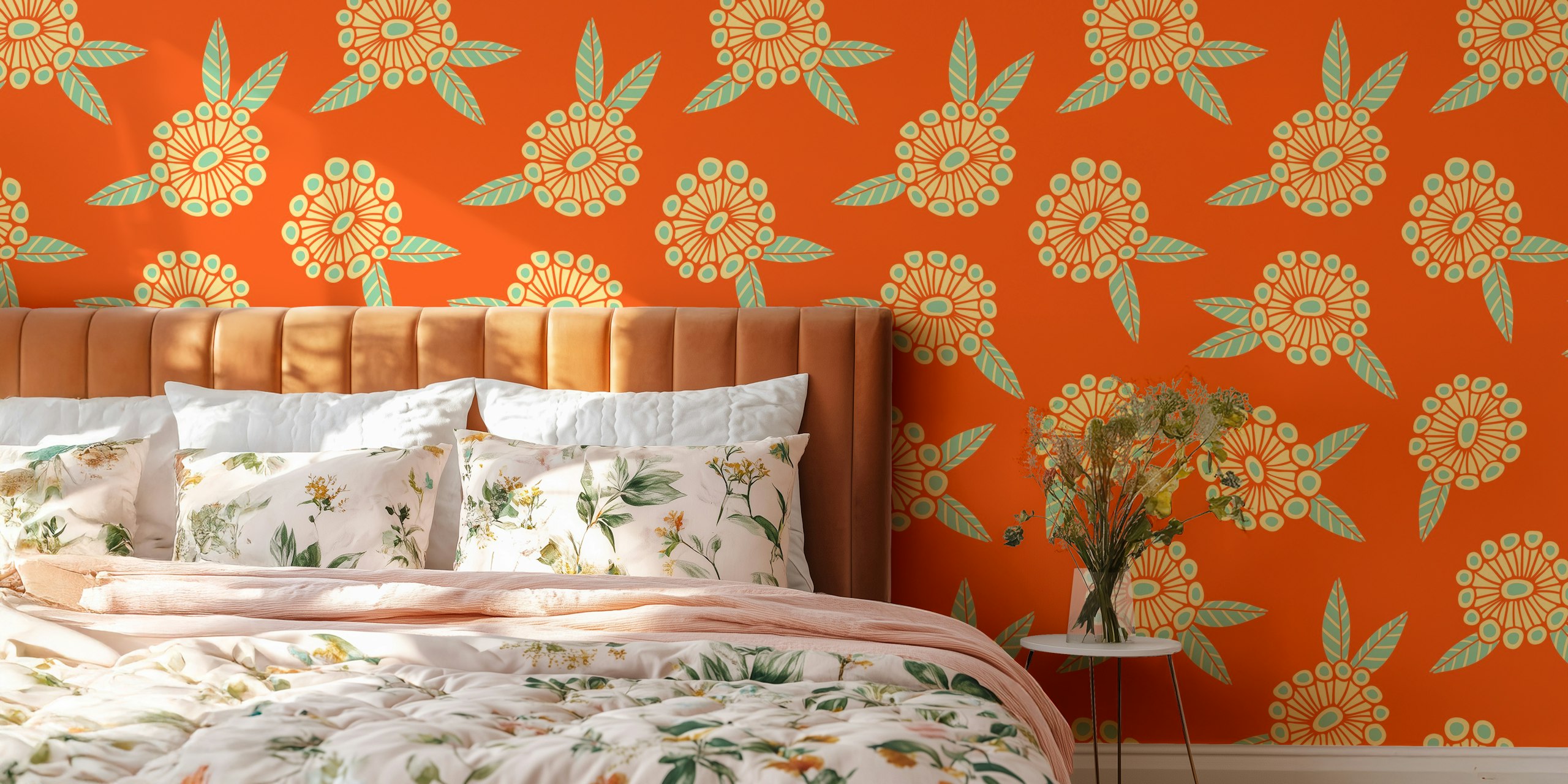 Decorazione murale con motivo floreale retrò caldo e solare su sfondo arancione brillante