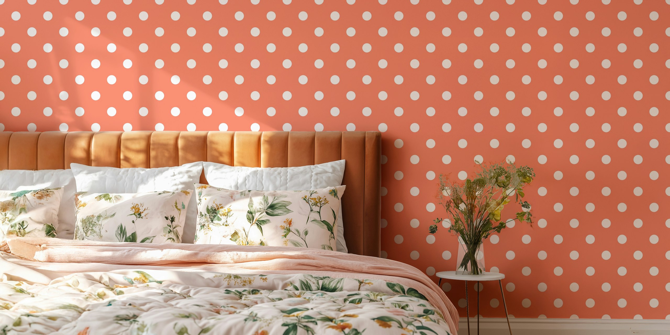 White polka dots on coral background wallpaper