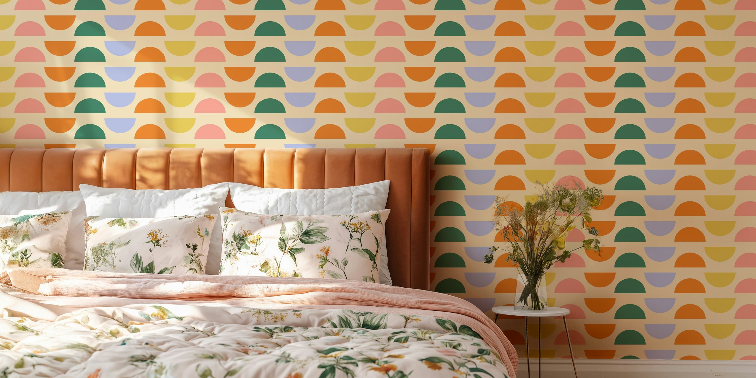 Pastel geometric shapes in pink, green, orange, and blue wallpaper