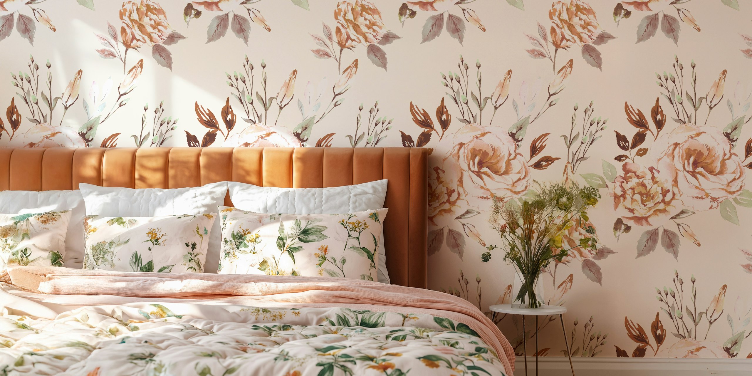 Watercolor floral design with soft pink and green flowers wallpaper