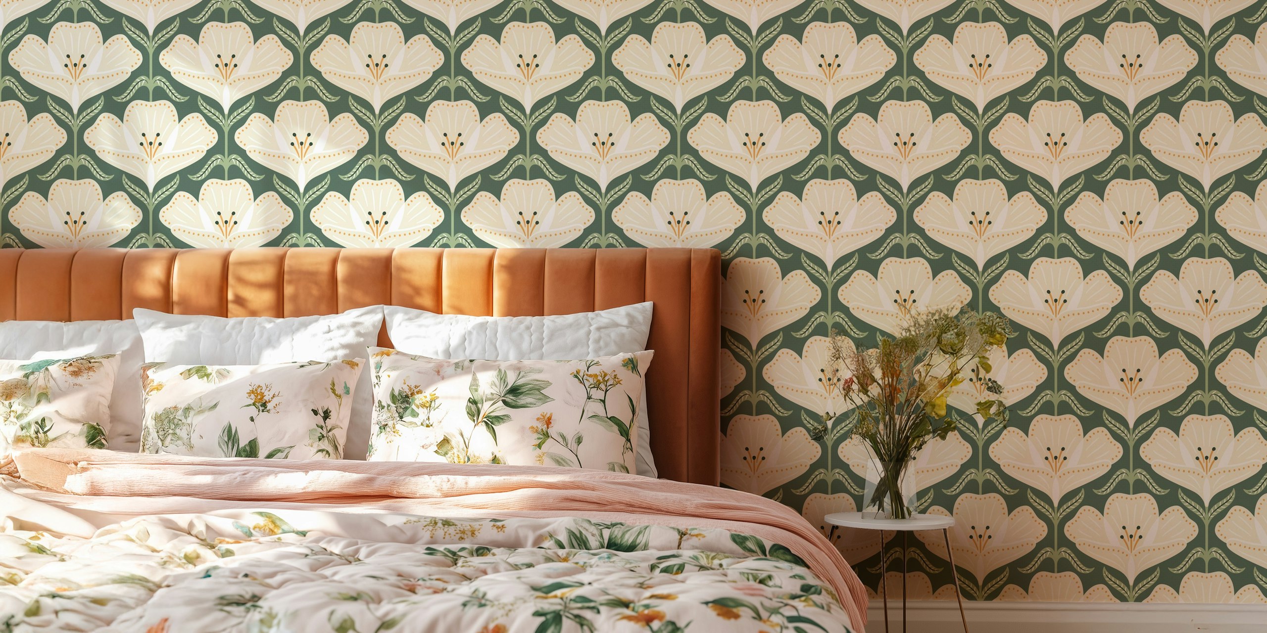 Buttercup green wallpaper with floral design