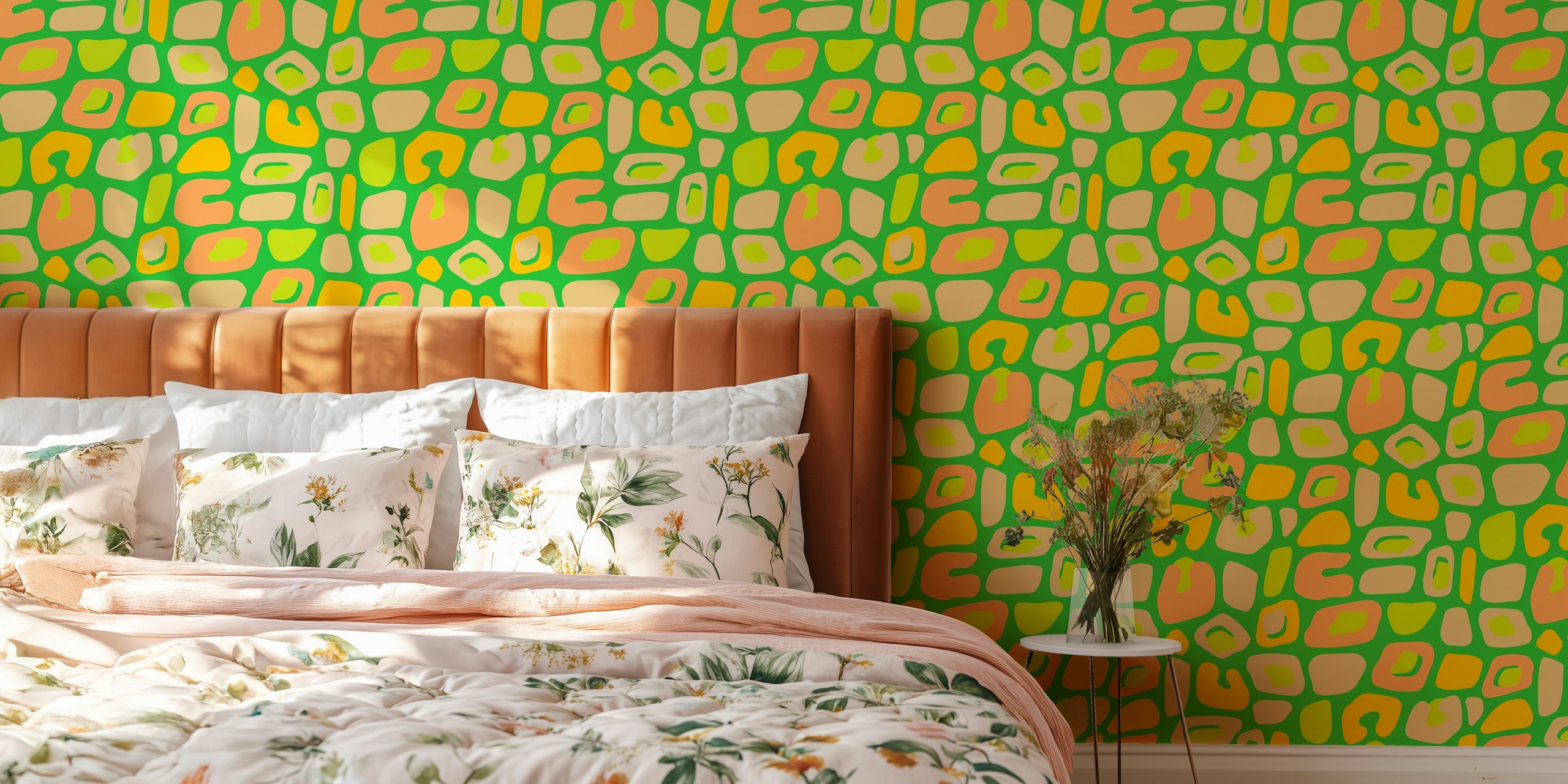 Colorful leopard print patterns in green, peach, and yellow wallpaper