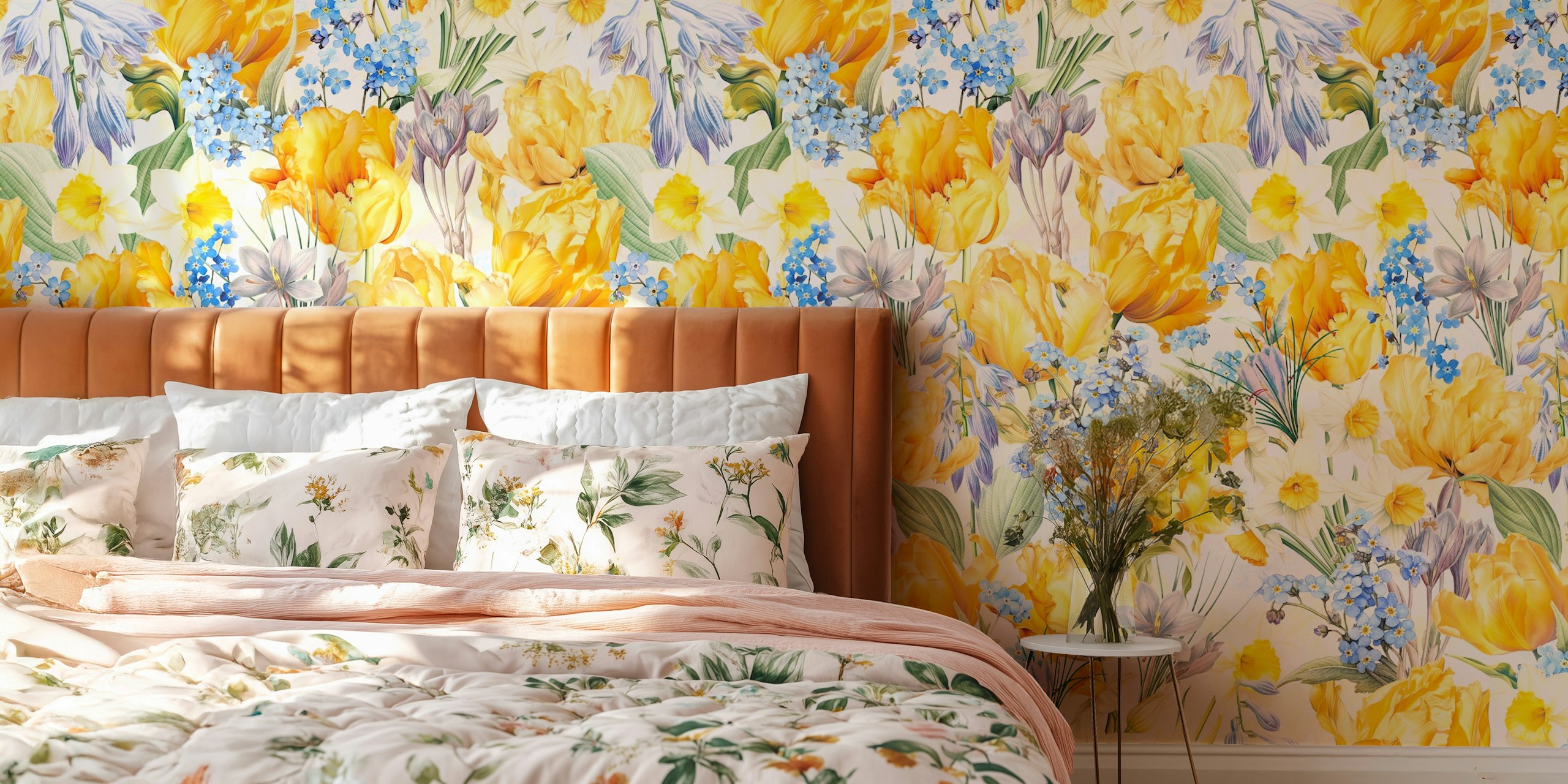Colorful floral design with yellow tulips and blue flowers wallpaper