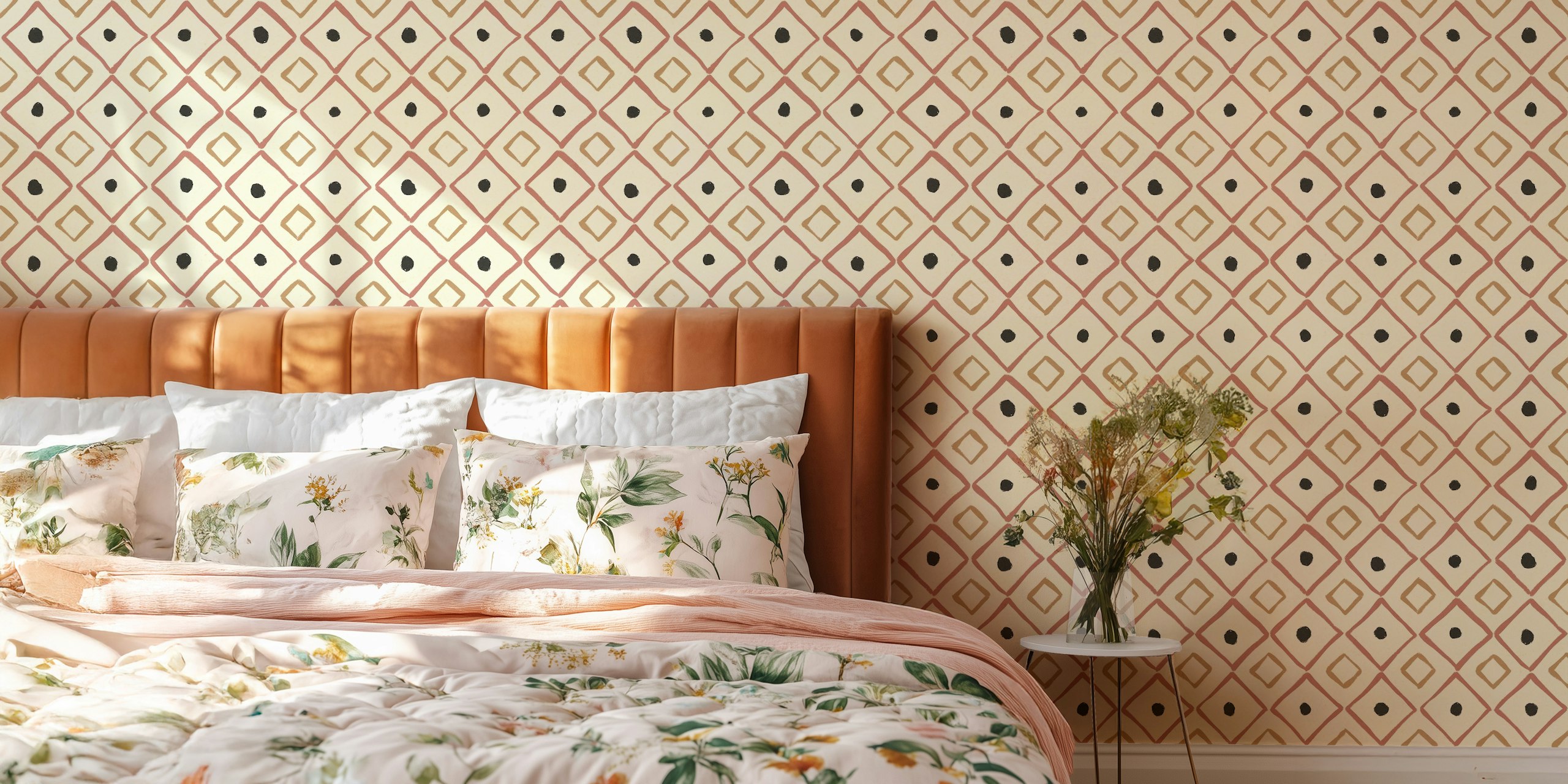 Hand drawn geometric pattern wall mural in red, brown, and blue