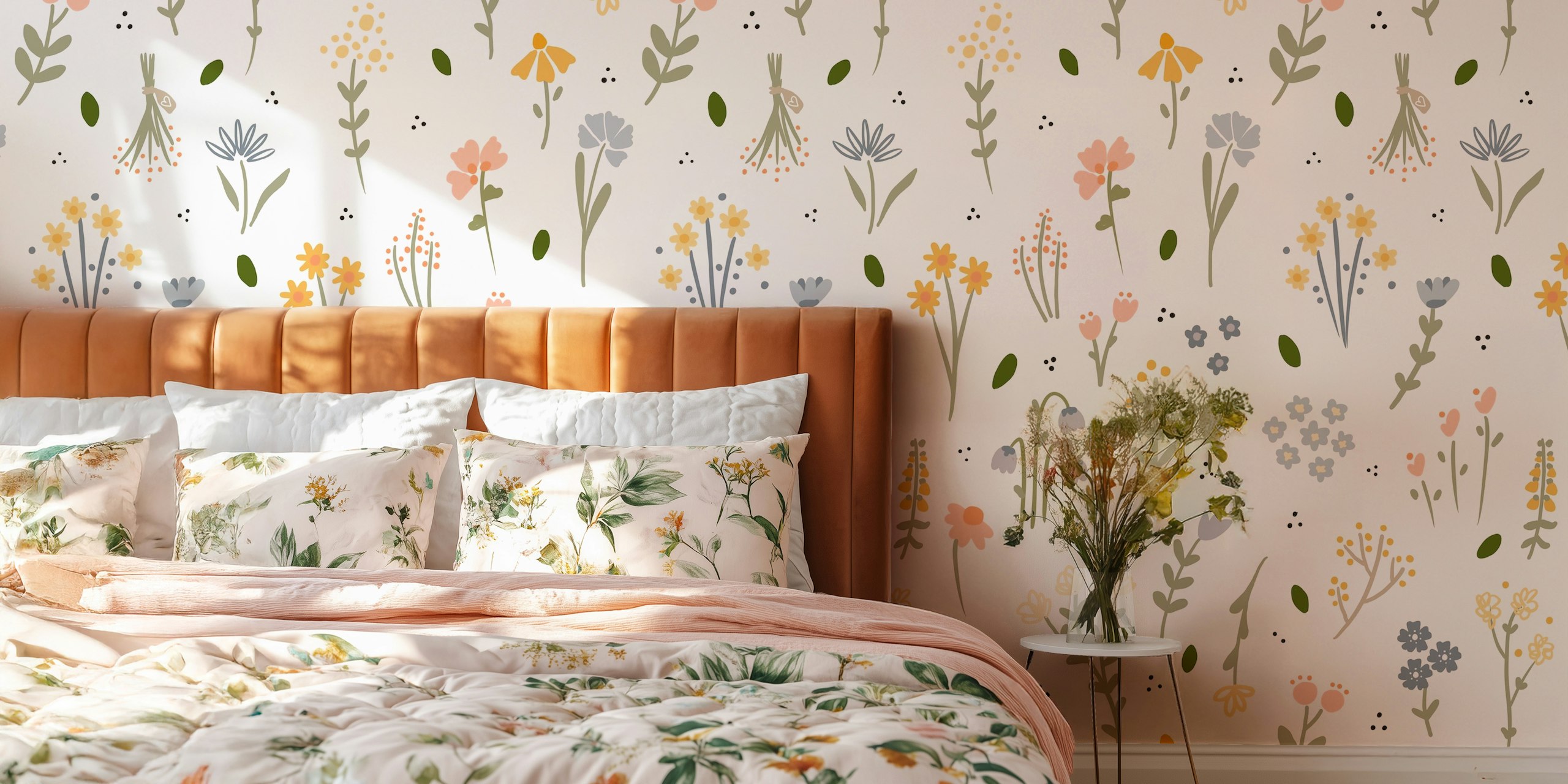 Mural de pared Wildflower Fields con flores silvestres en colores pastel y follaje sobre un fondo claro