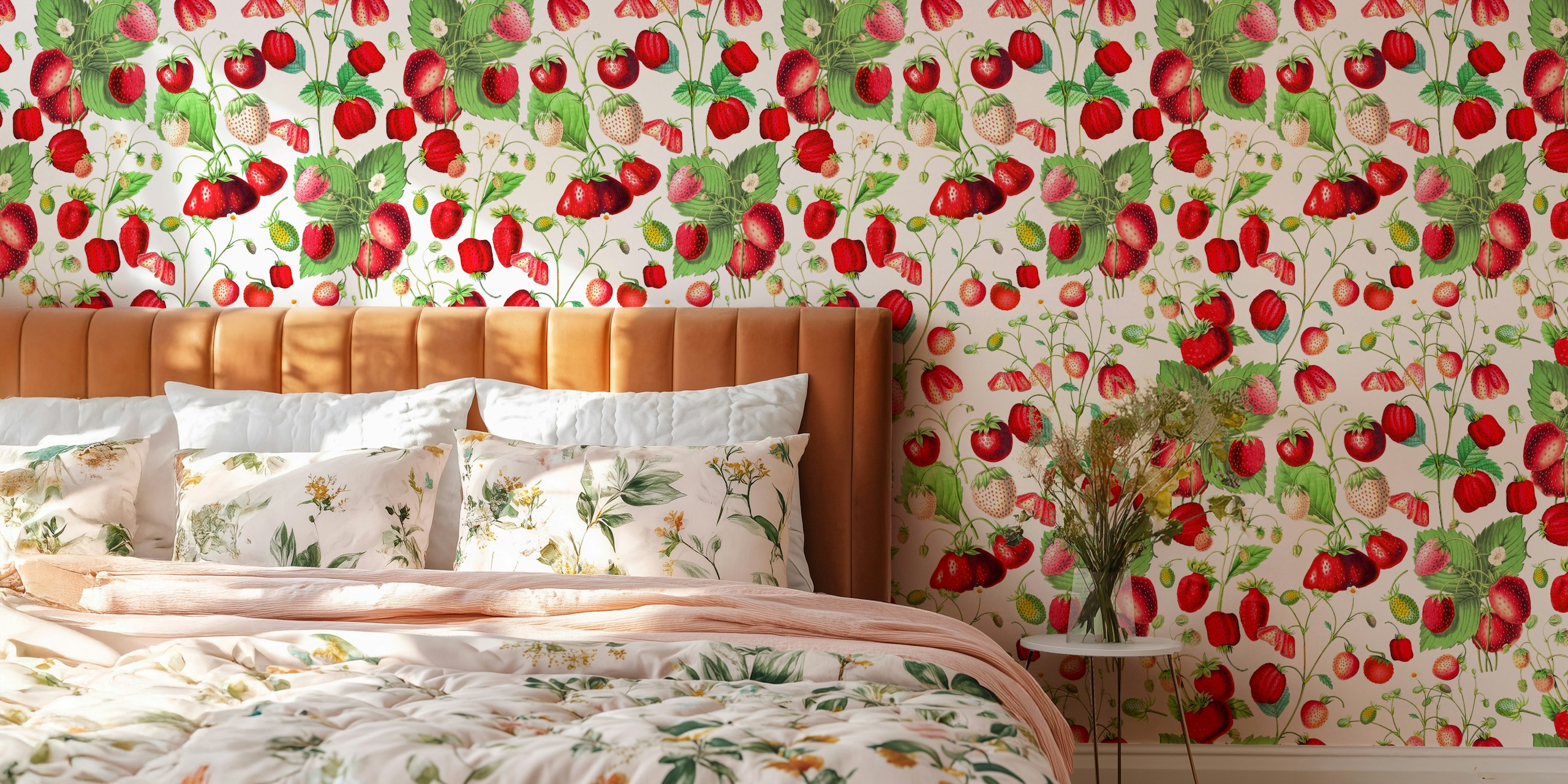 Mansikkakuvioinen seinämaalaus vehreillä lehdillä