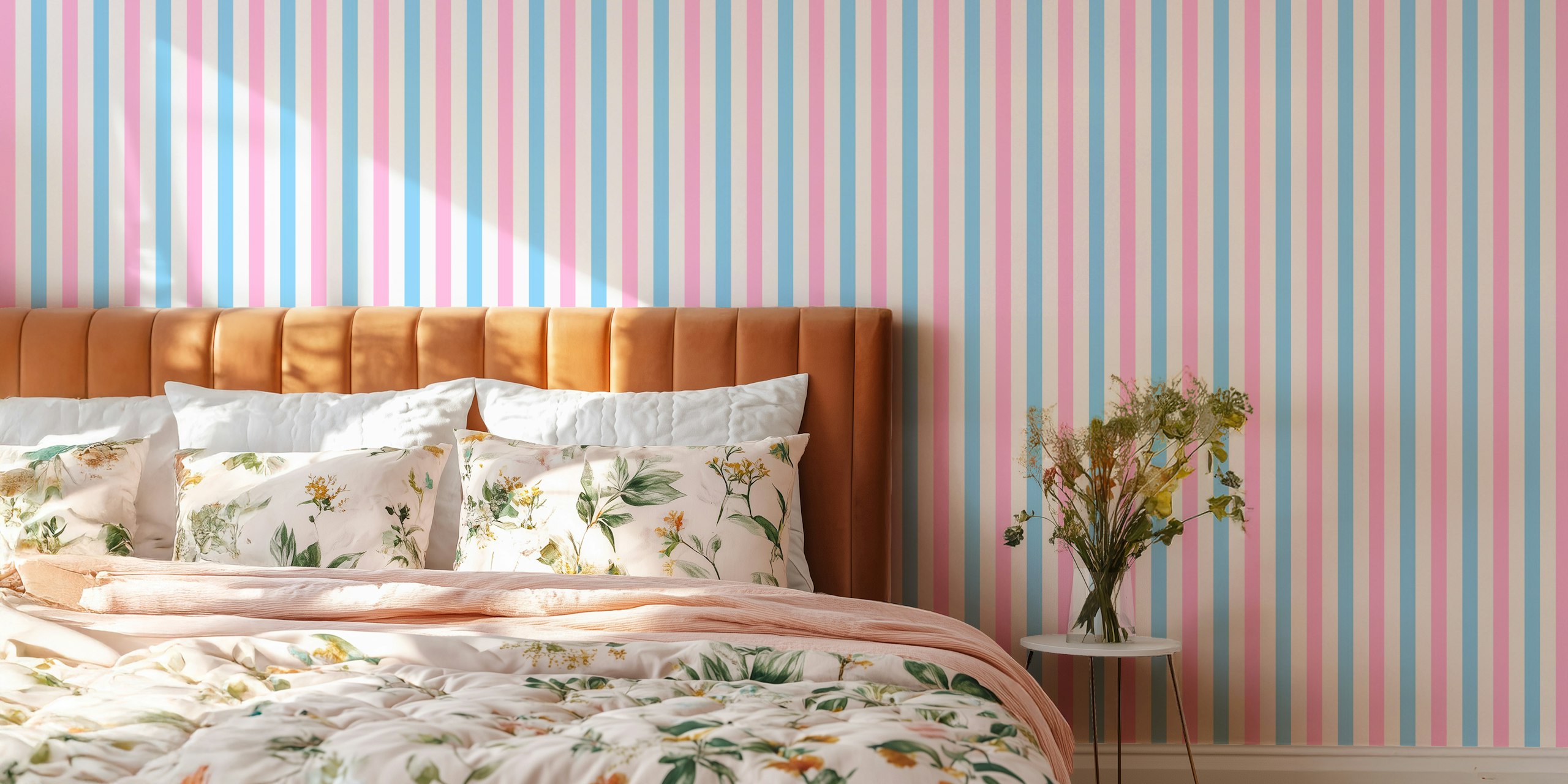 Light blue and pink vertical stripes wallpaper in a room