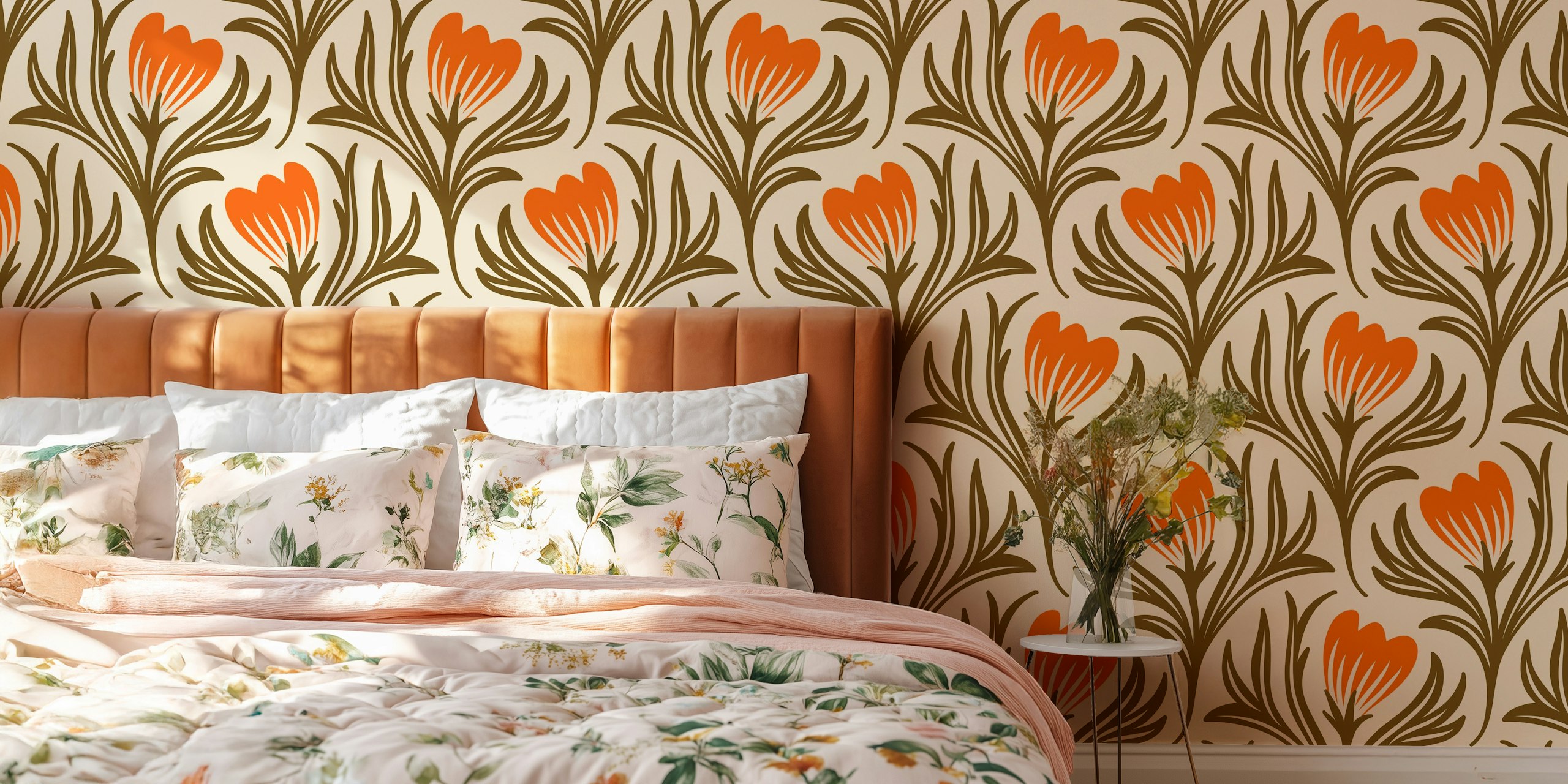 Hand drawn wildflowers pattern wallpaper in a room