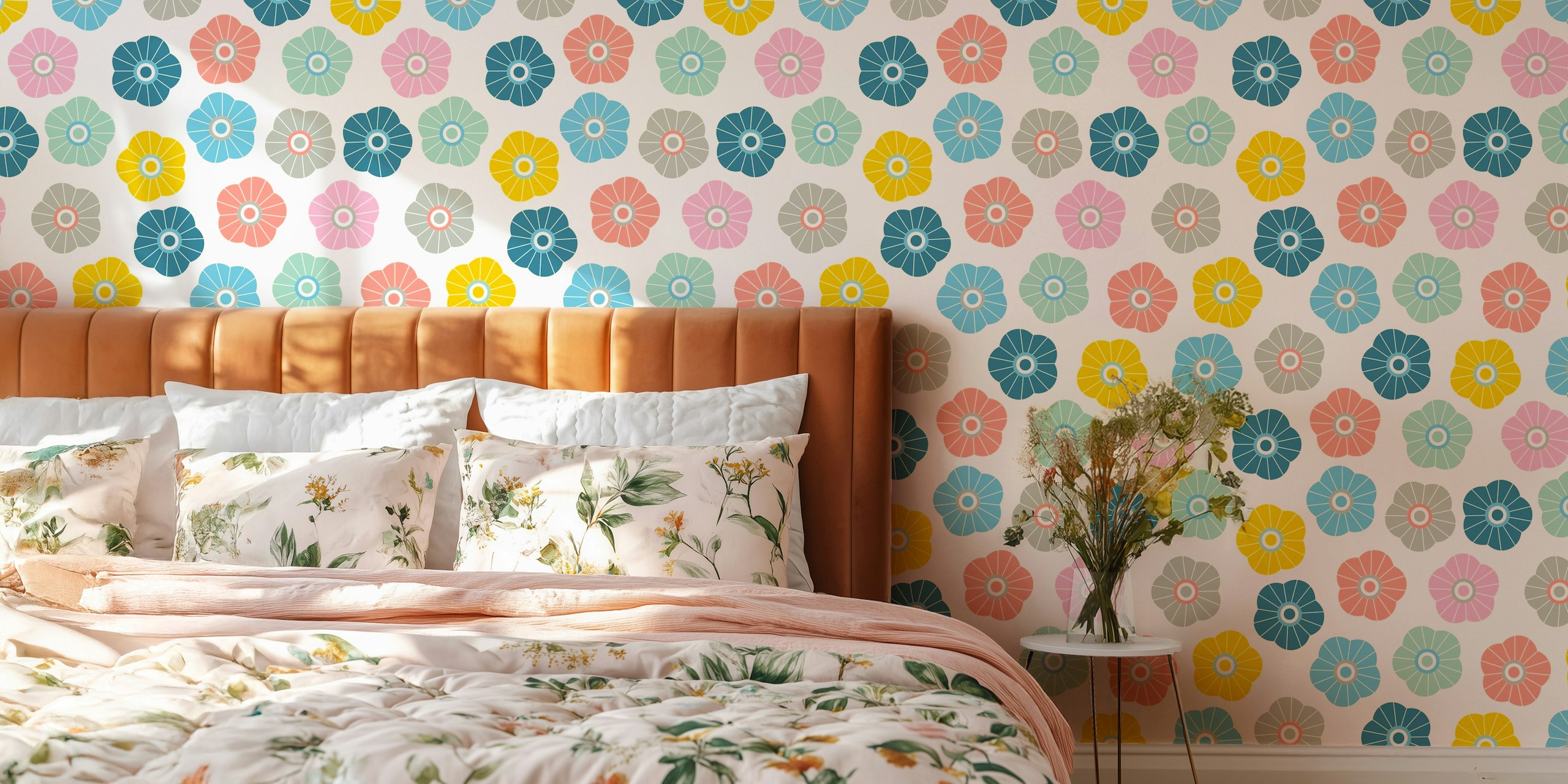 Pastelbloemenbehang Met Spring Daisies Fresh Floral - Pastel On Cream In Een Kamer