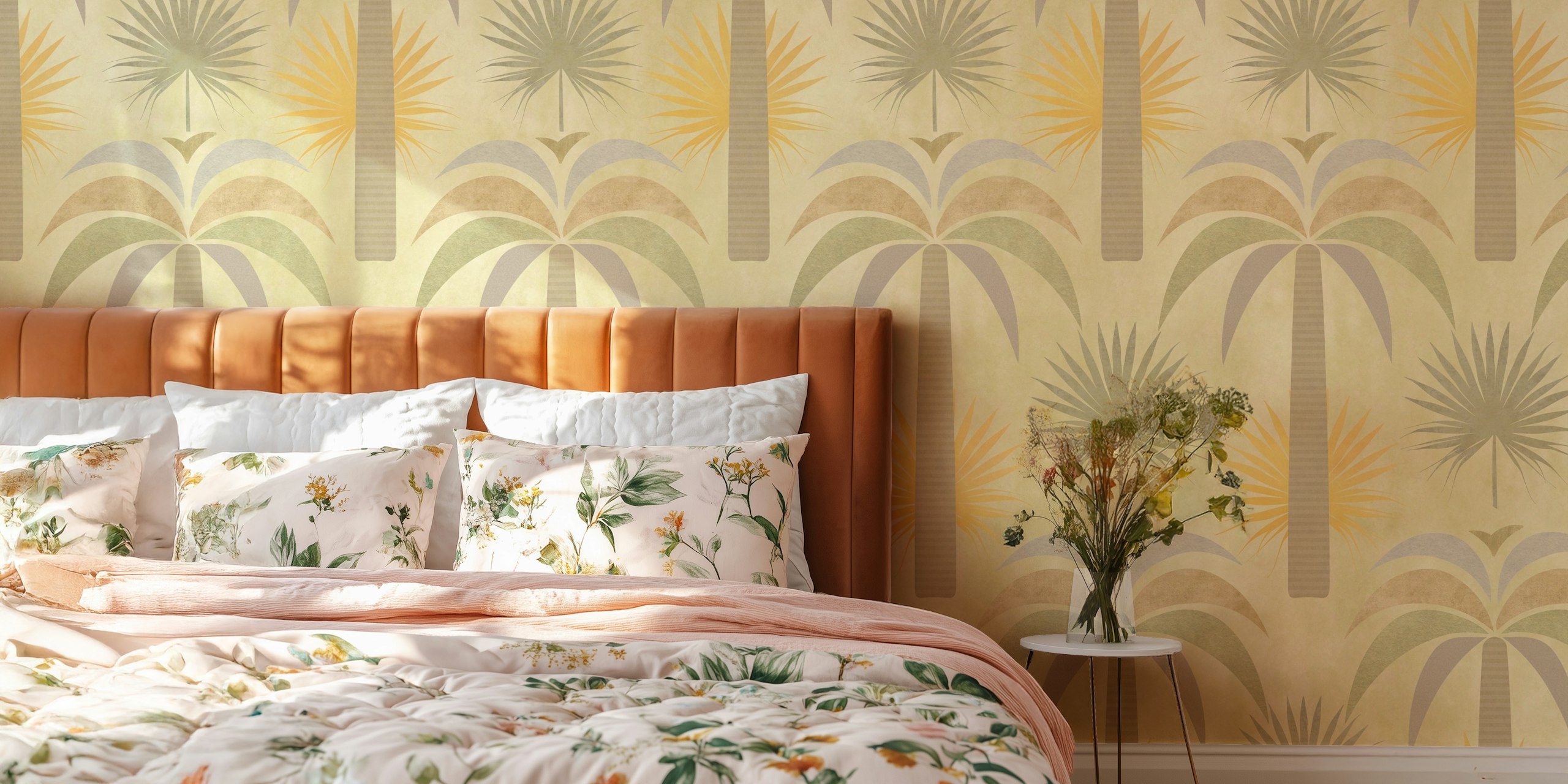 Tropical palm trees in soft green and yellow wallpaper
