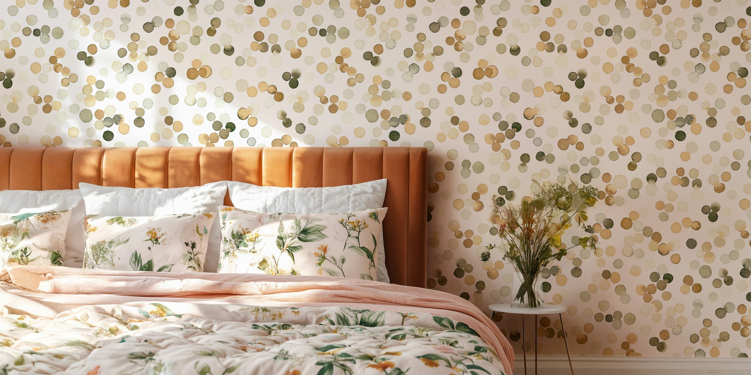 Dots confetti gold silver wallpaper in a room
