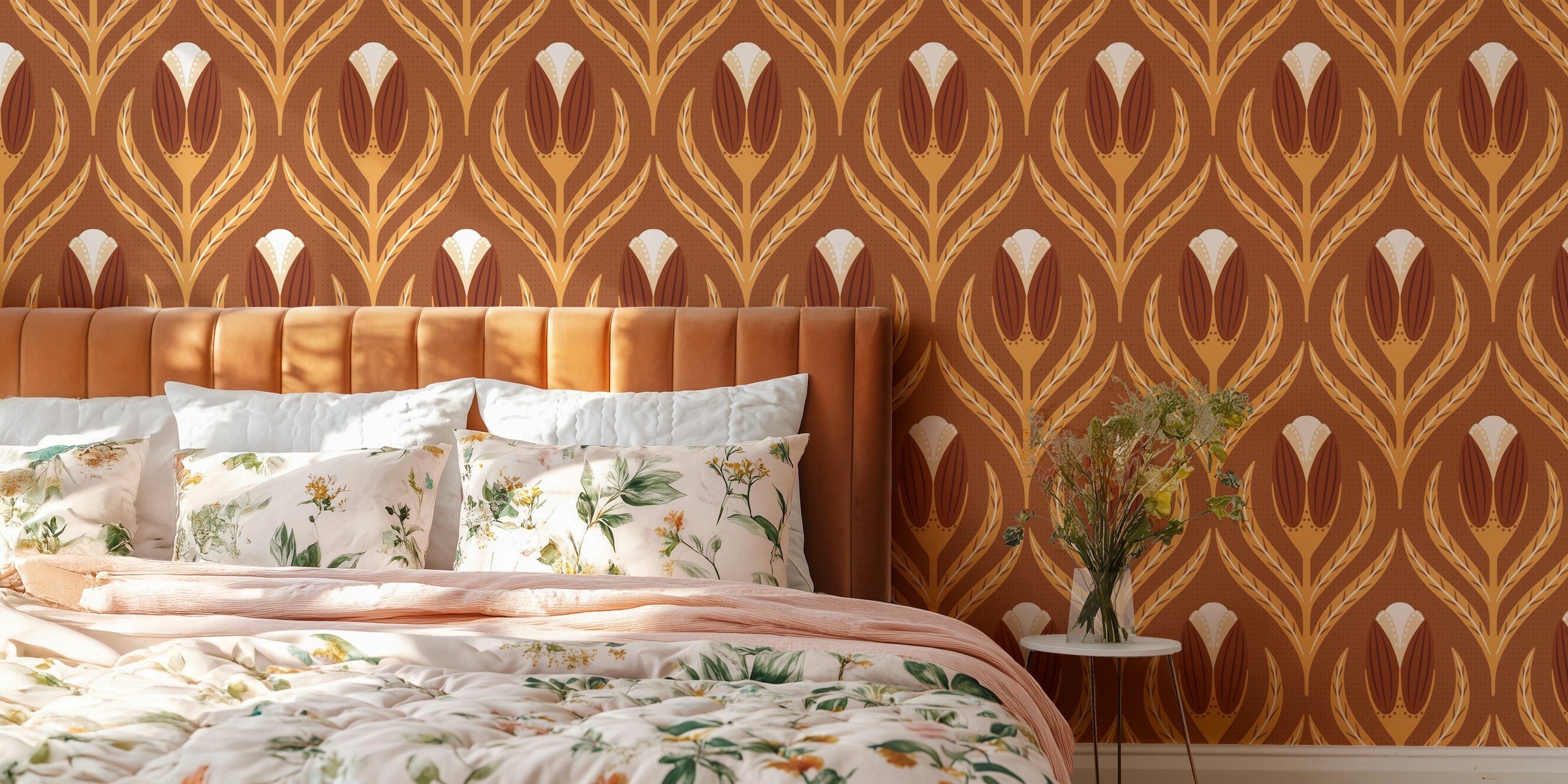 Terracotta floral pattern with brown and cream hues wallpaper