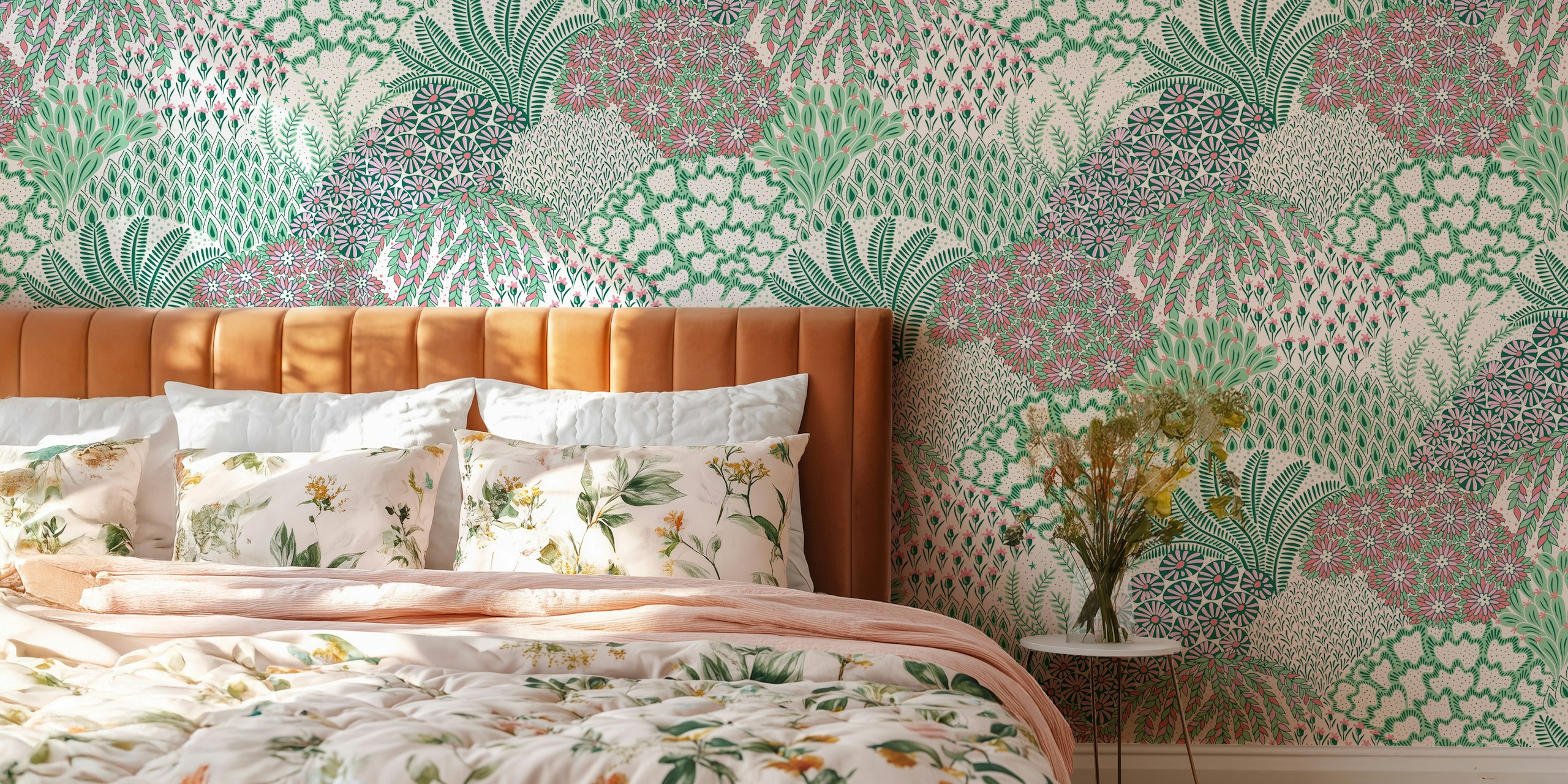Colorful botanical floral wallpaper in green and pink shades