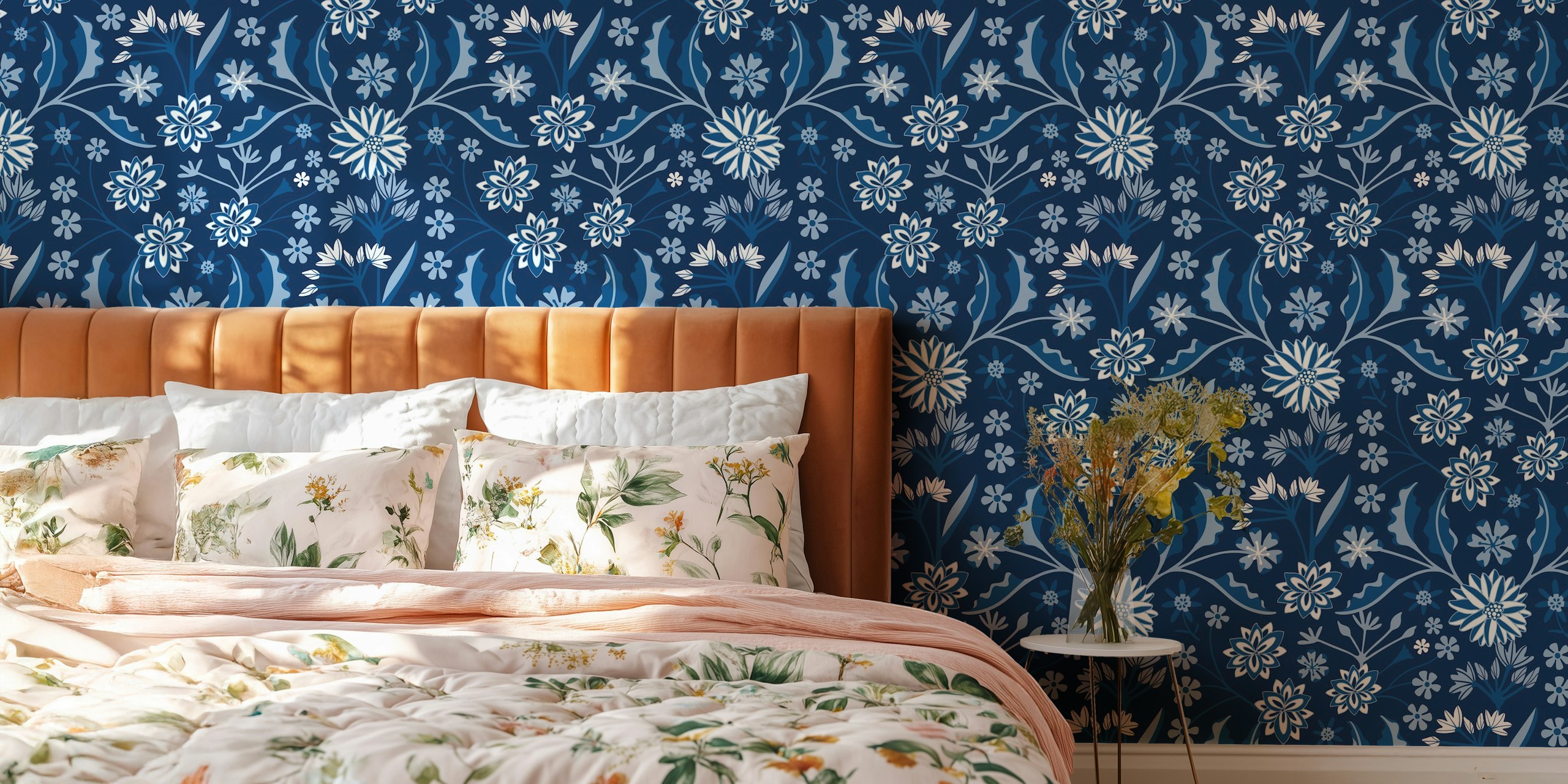 Indigo blue floral pattern wallpaper with various flowers and leaves