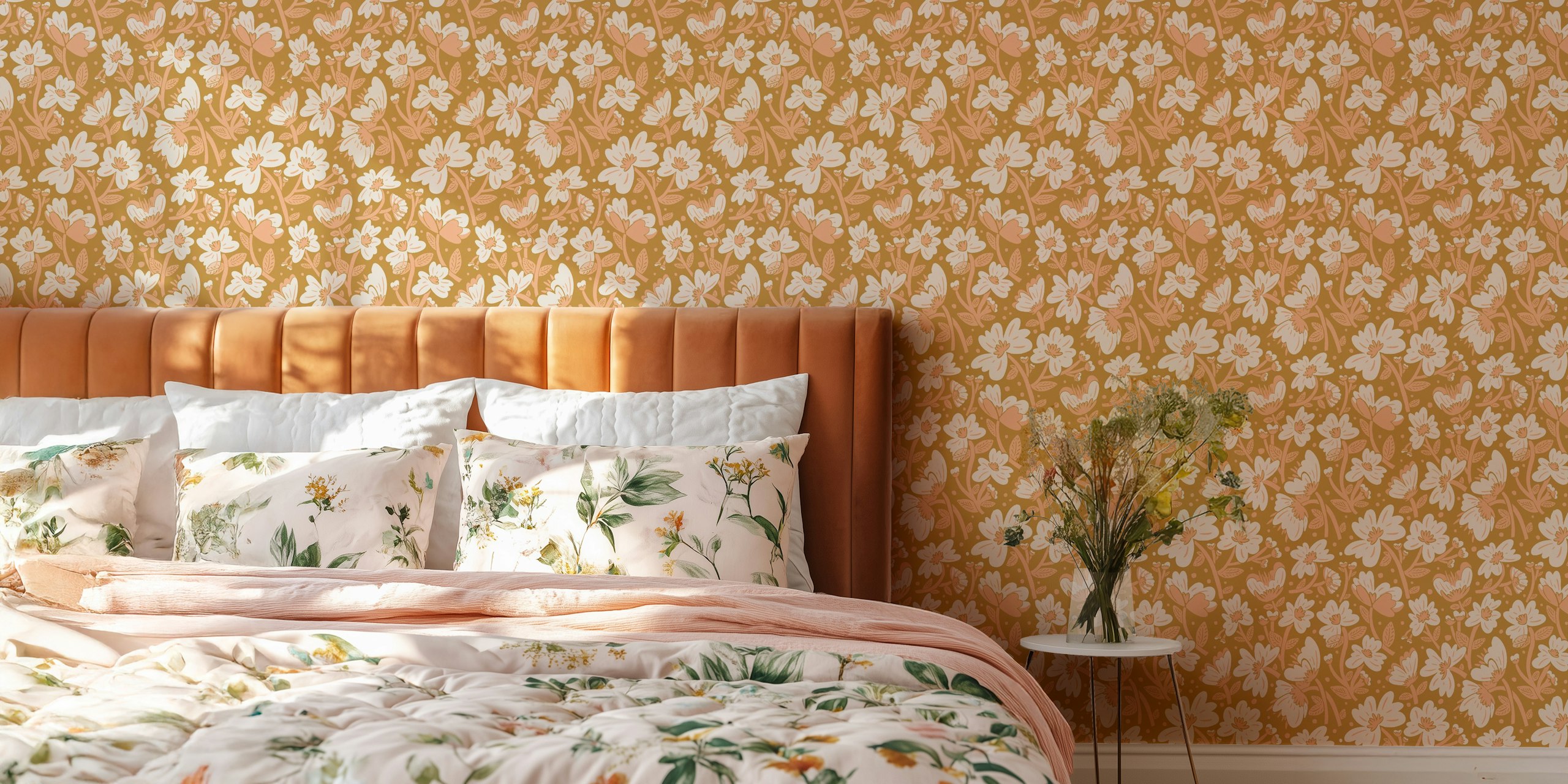 Diseño de papel tapiz floral en un entorno de habitación