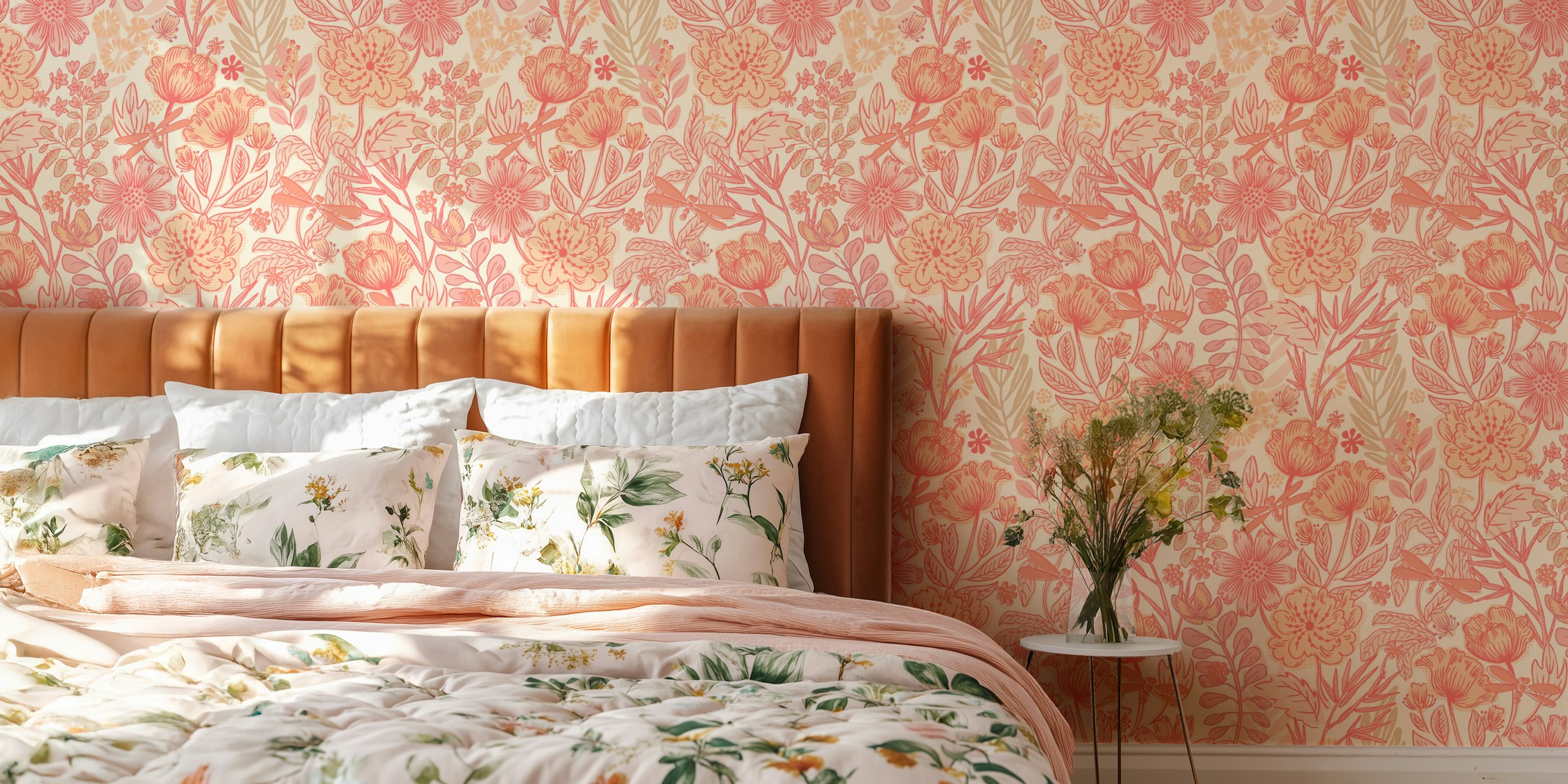 Peach floral pattern with leaves in pastel tones wallpaper