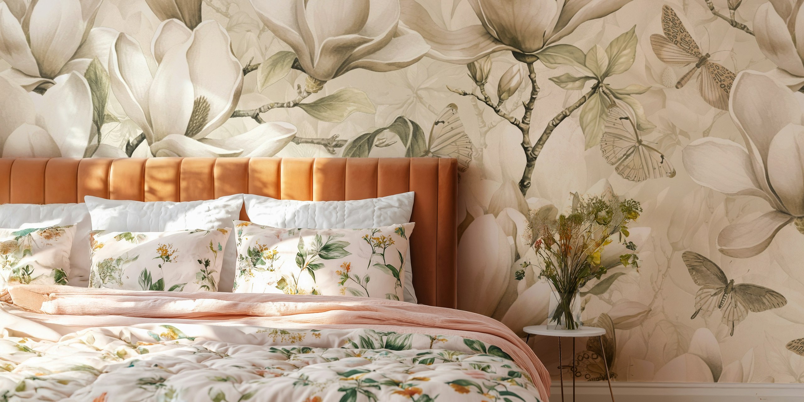Ivory magnolia flowers and butterflies wall mural