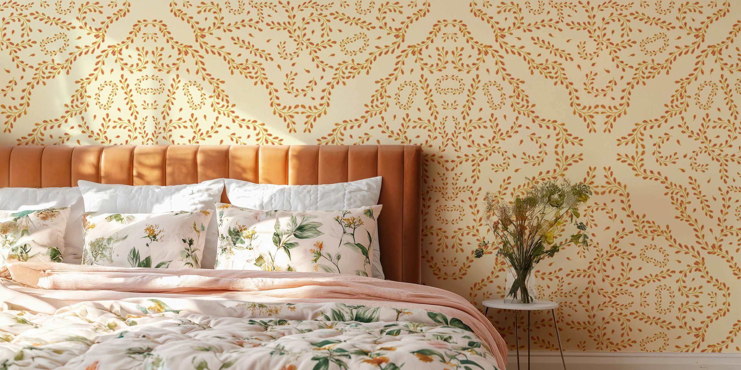 Carta da parati vintage con motivo a piastrelle rosa dorato e accenti di design geometrico