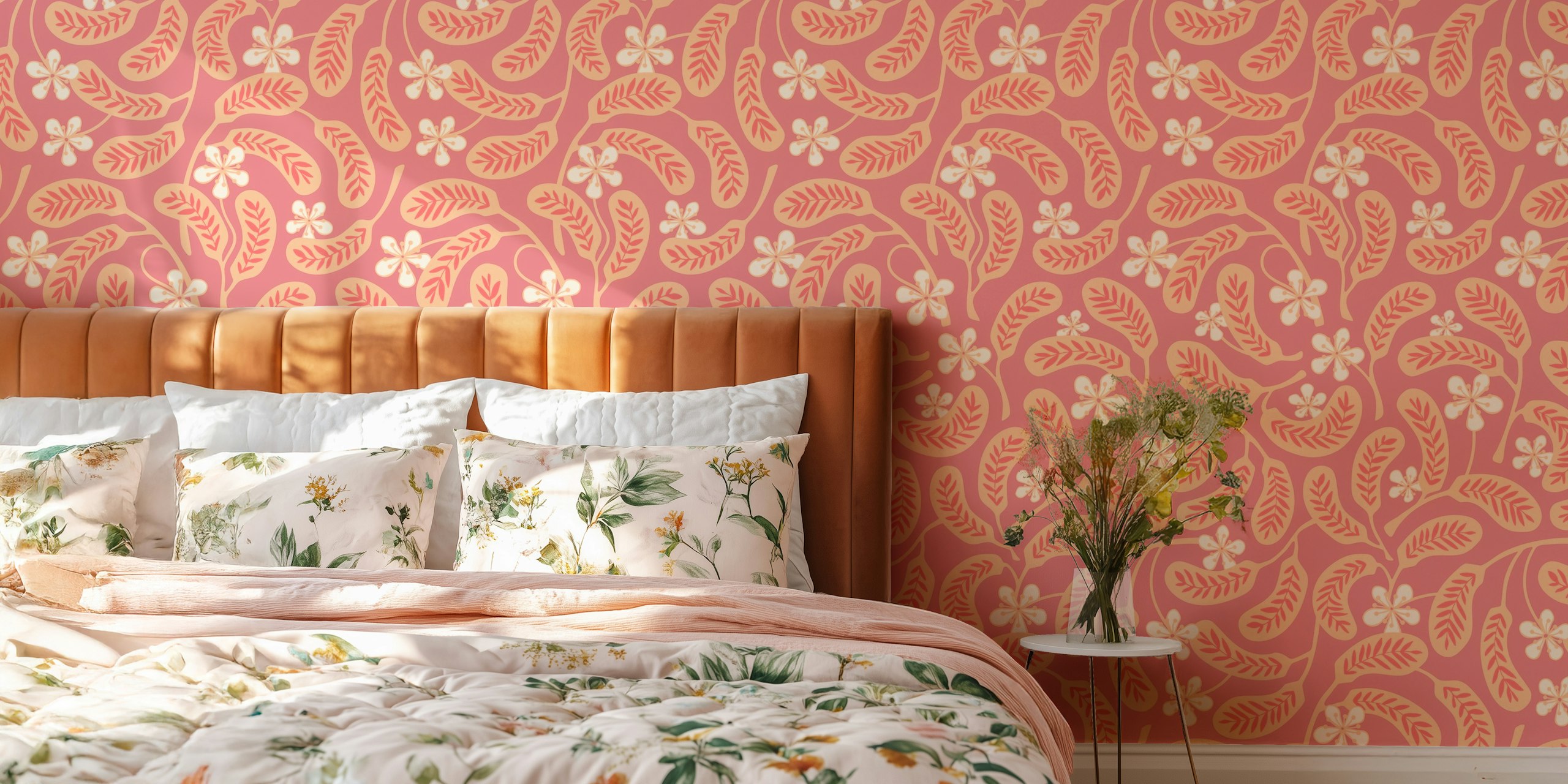 Hilo Vintage Tropical Floral Wall Mural Featuring Peach Background With White Flowers And Red Leaves.