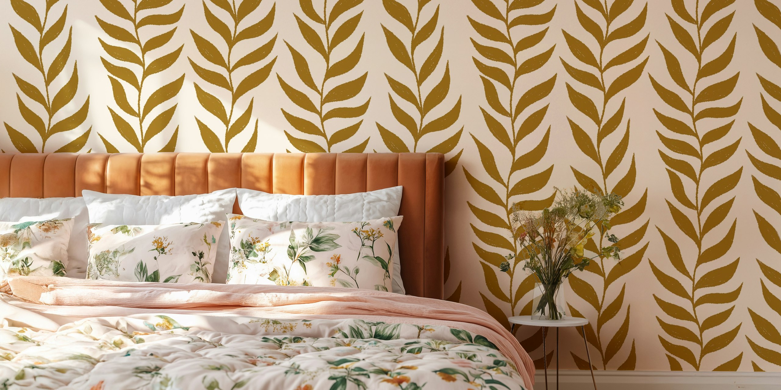 Handgetekend gouden klimopbladeren op een crème achtergrond wallpaper