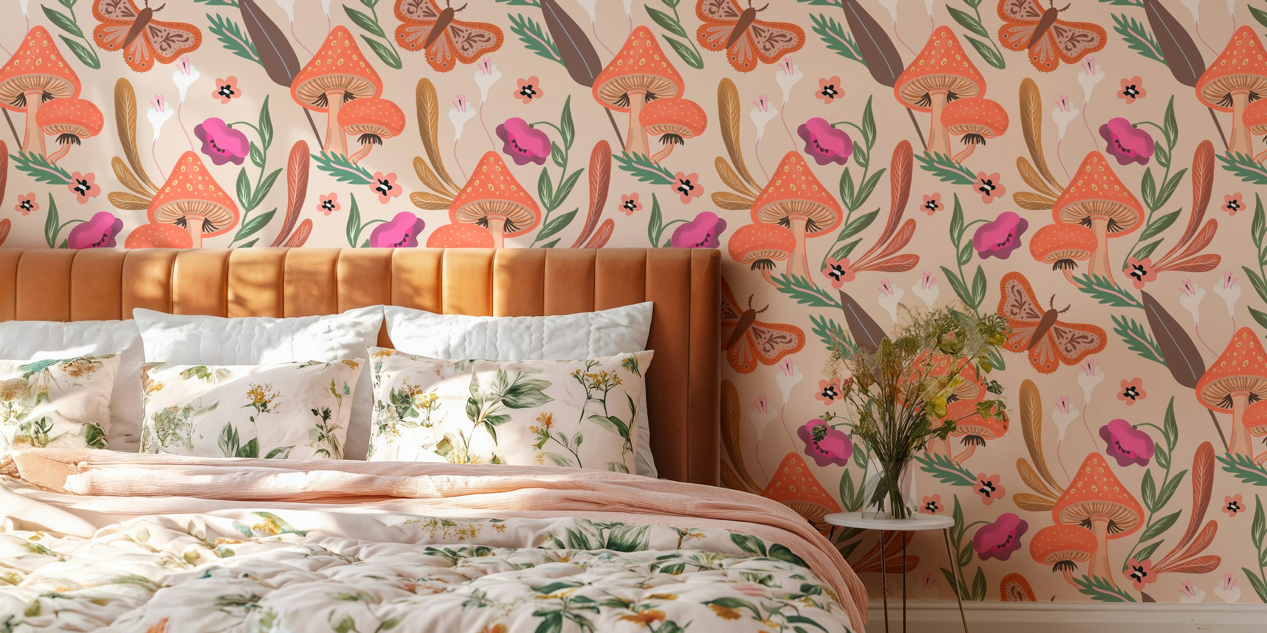 Kuva hassu seinämaalaus, jossa on suuria sieniä, eloisia perhosia ja pieniä kukkia pastellin taustalla