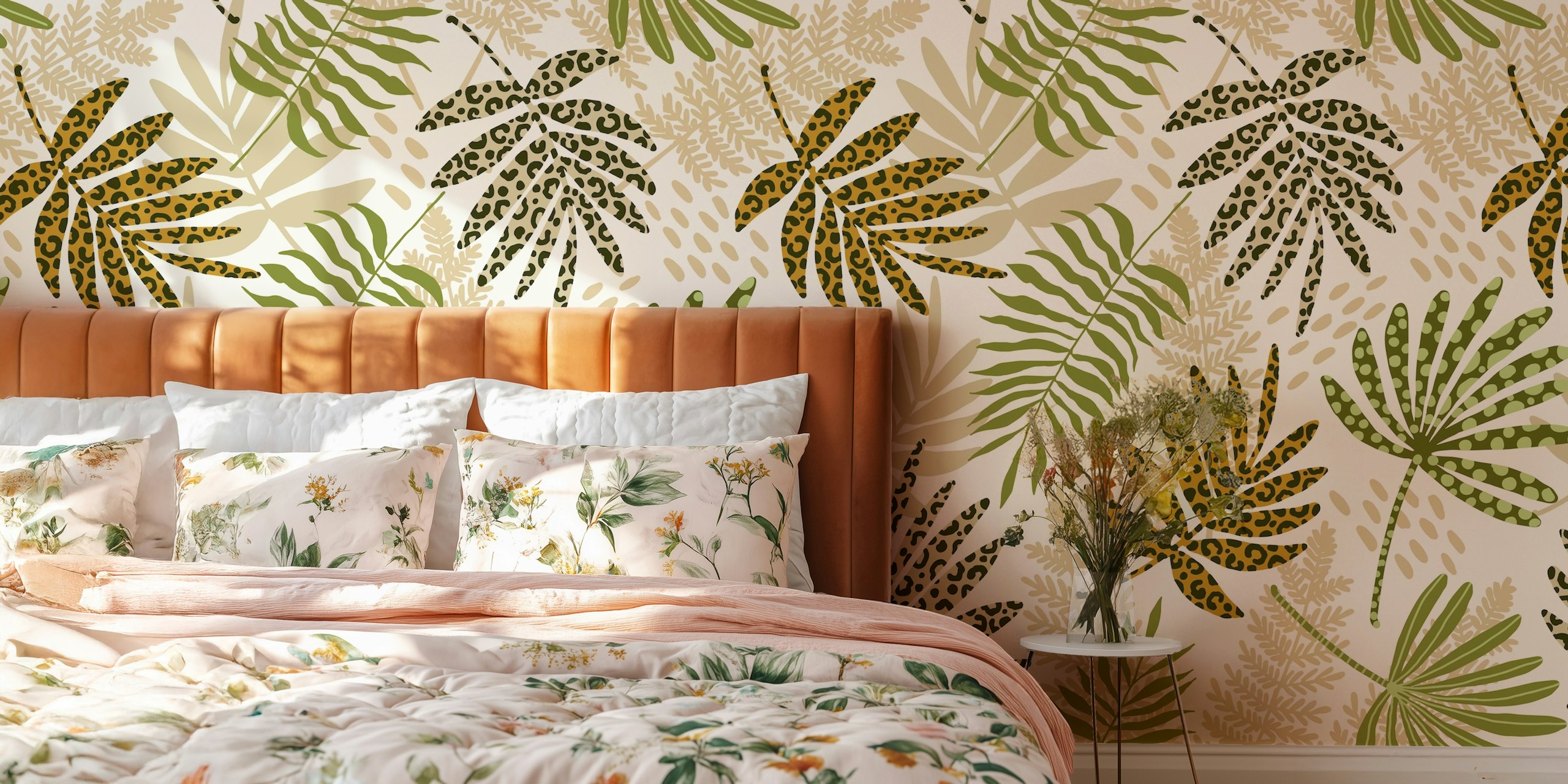 Animal leaf patterns in green, beige, and black colors wallpaper
