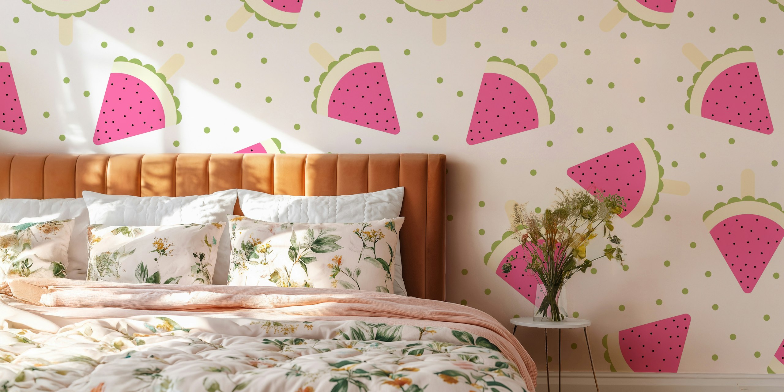 Watermelon Popsicles Fuchsia Dots Green wall mural with playful watermelon slices and dotted pattern.