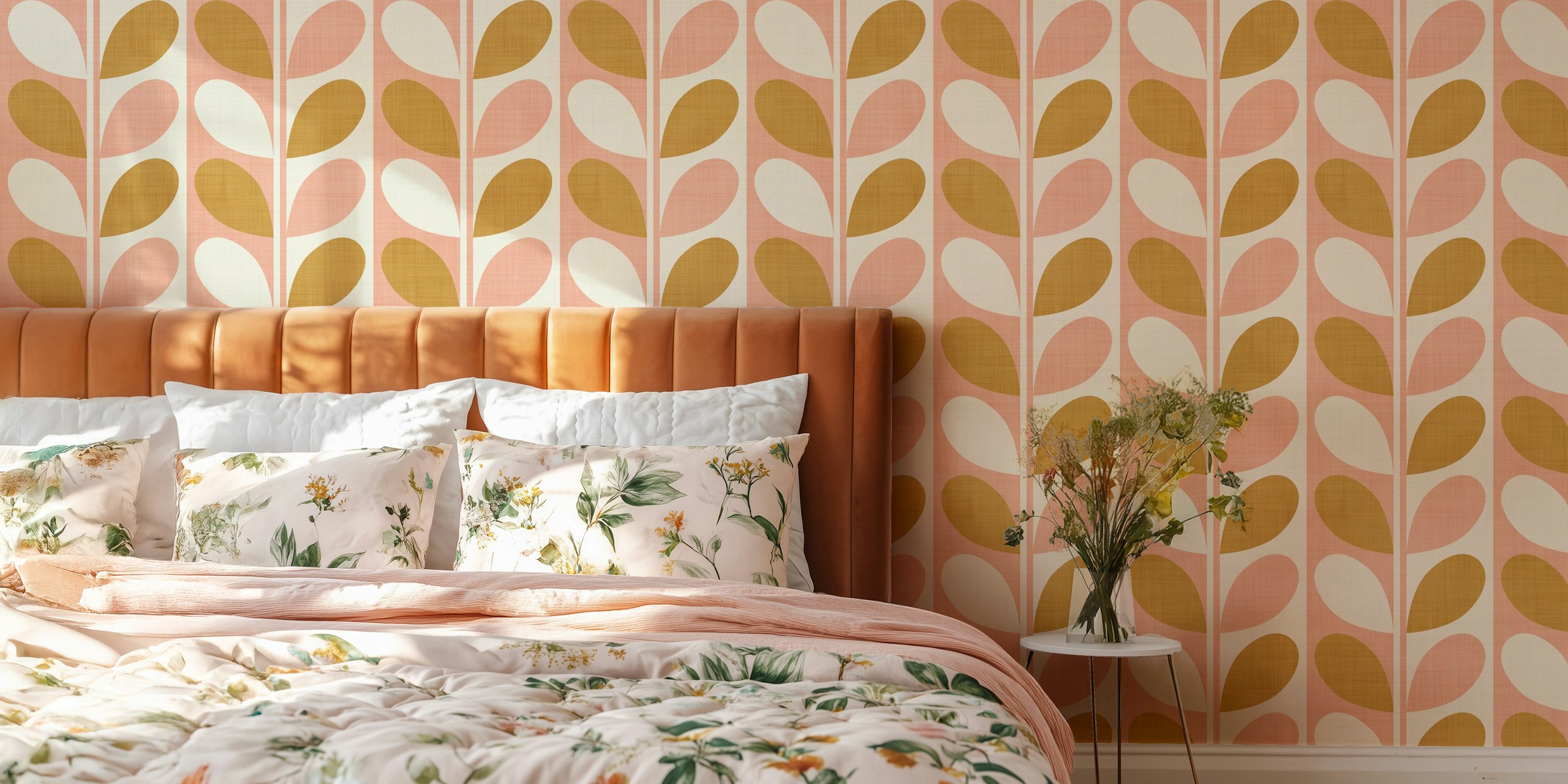 Blush and gold leaf pattern wallpaper in mid-century modern style
