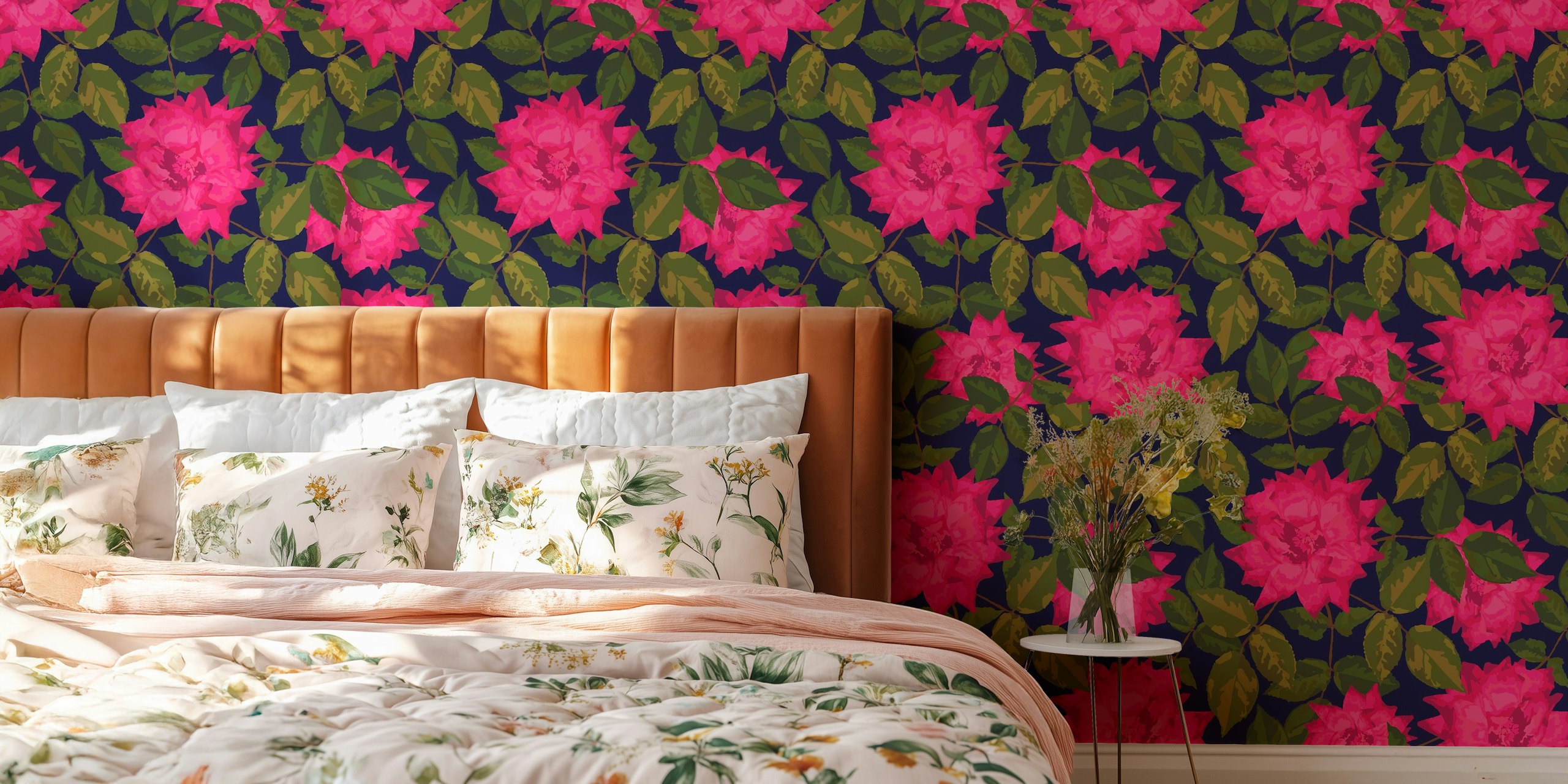 Pink rose floral pattern on navy background for wall mural