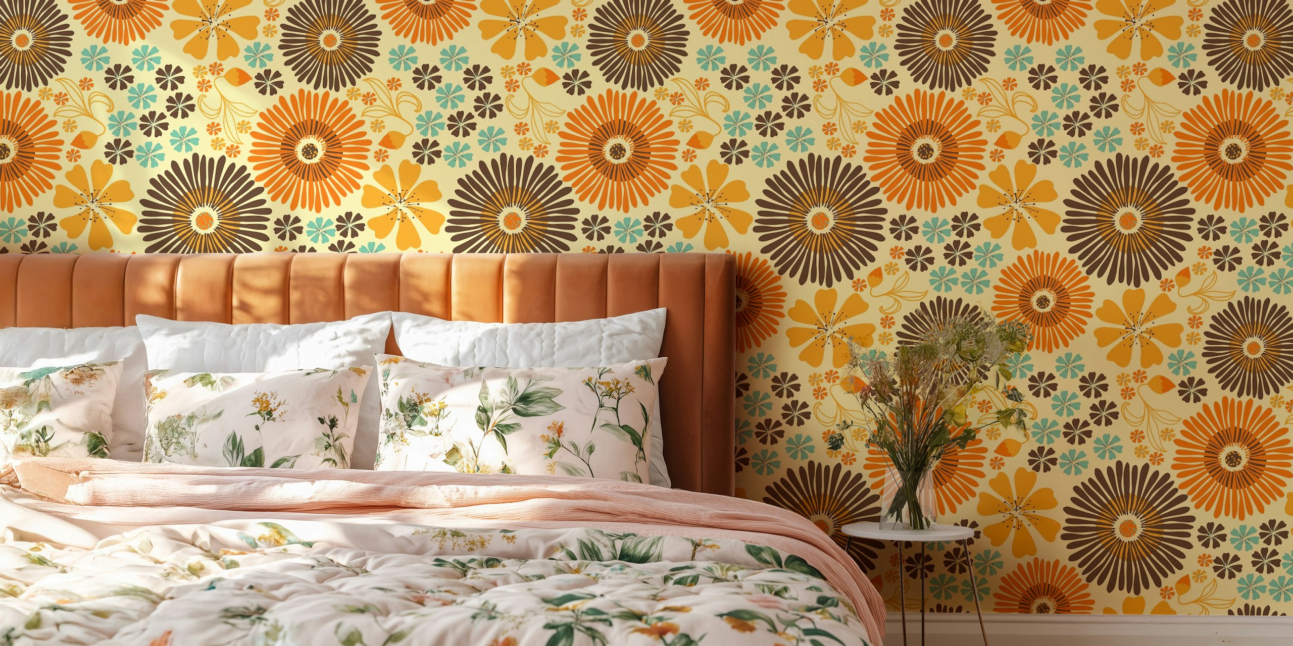 Retro floral pattern wall mural with warm yellow, orange, and brown tones