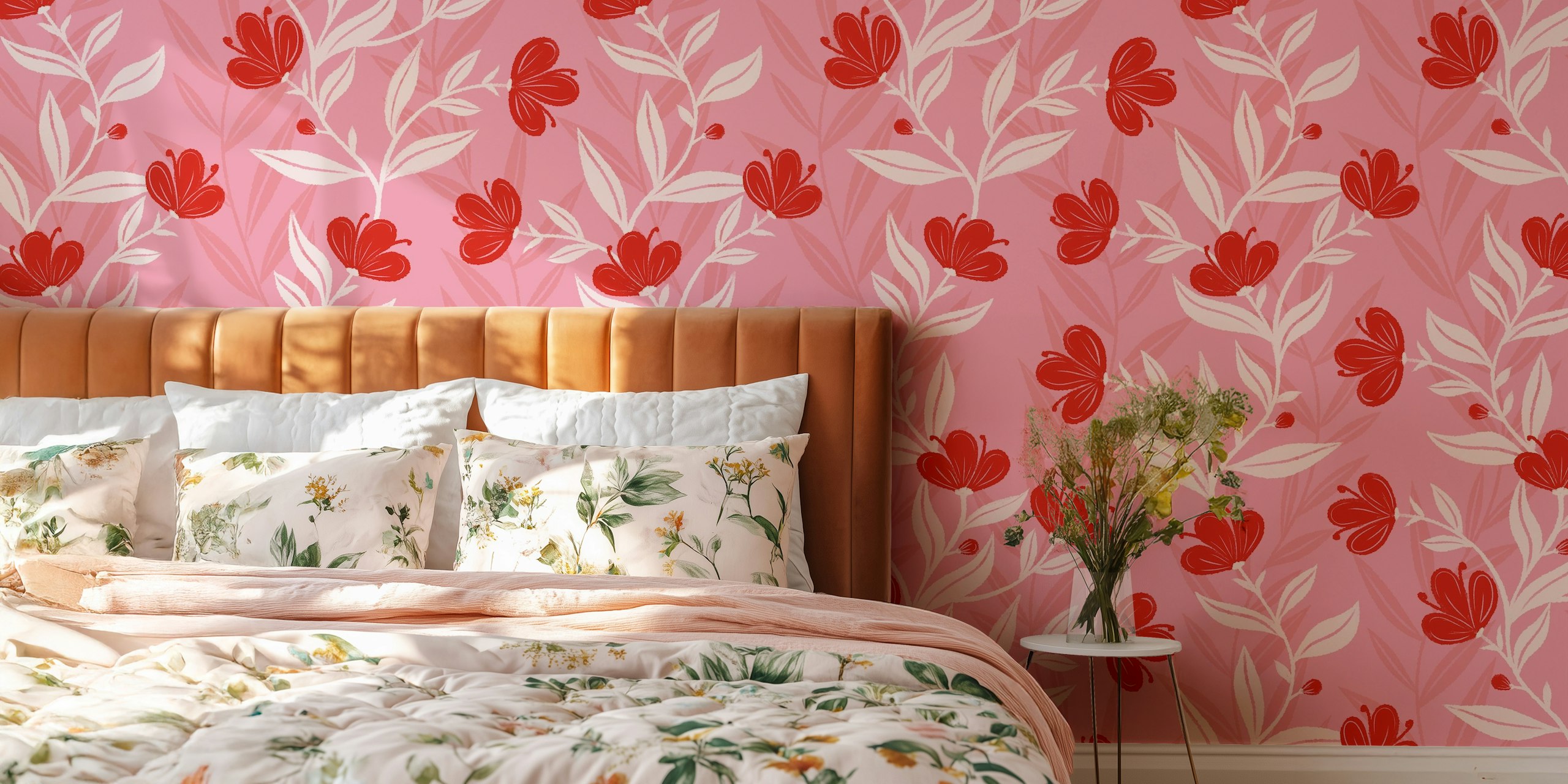 Bright red flowers and ivory leaves on a pink background wall mural