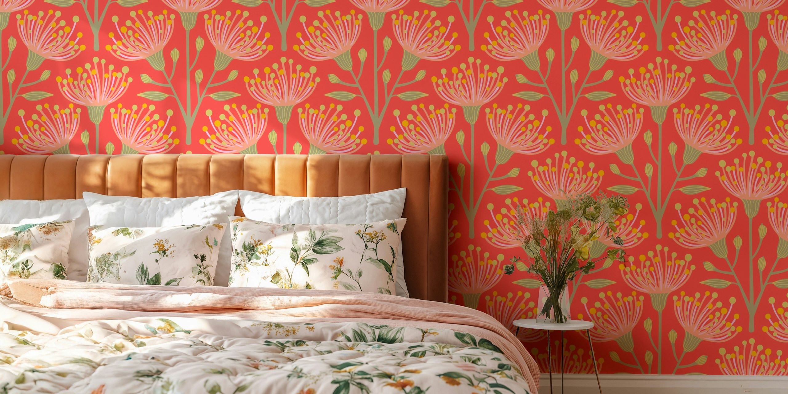 Eucalyptus floral wallpaper in coral orange
