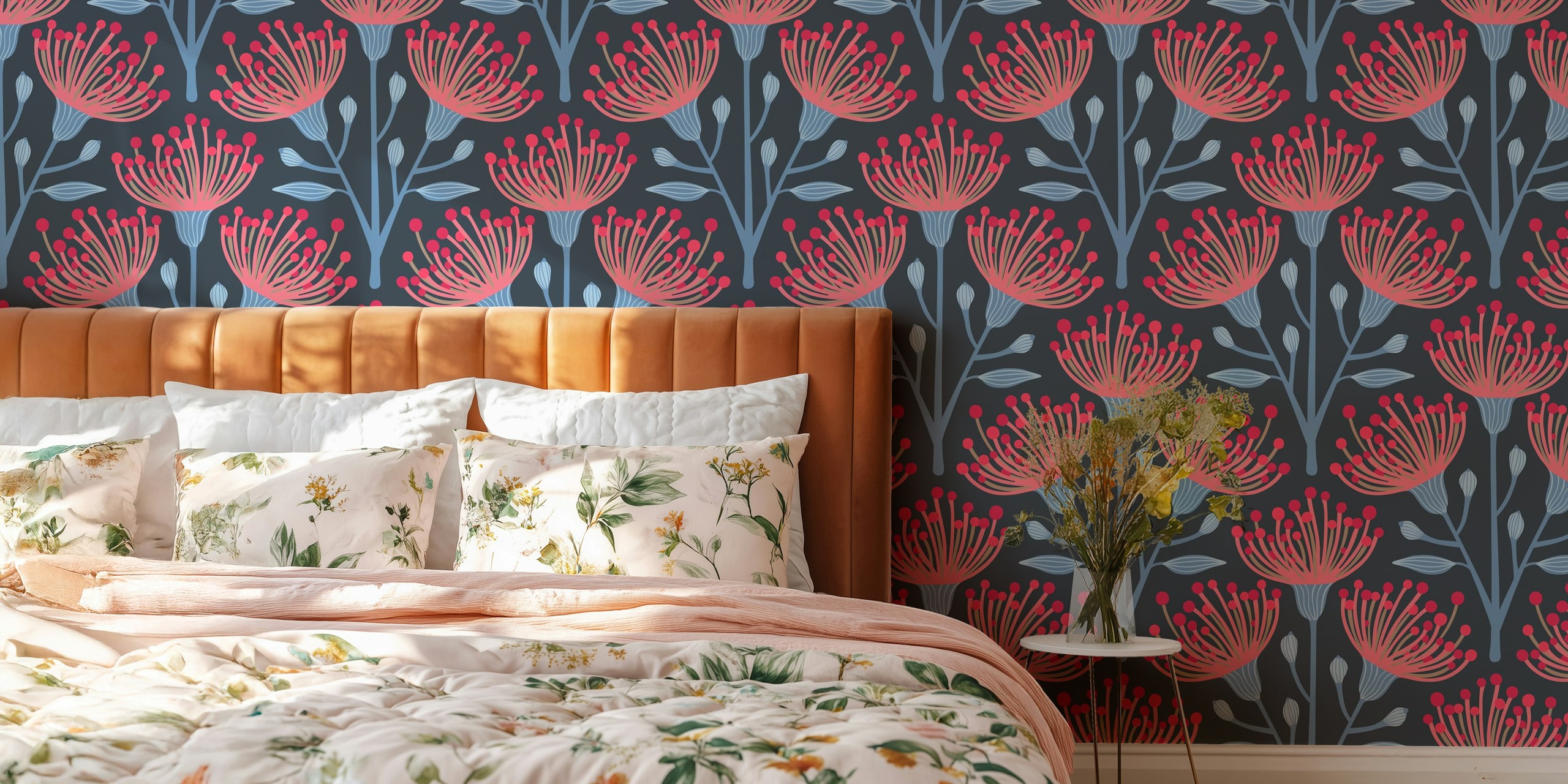 Pink floral eucalyptus pattern on navy blue wallpaper